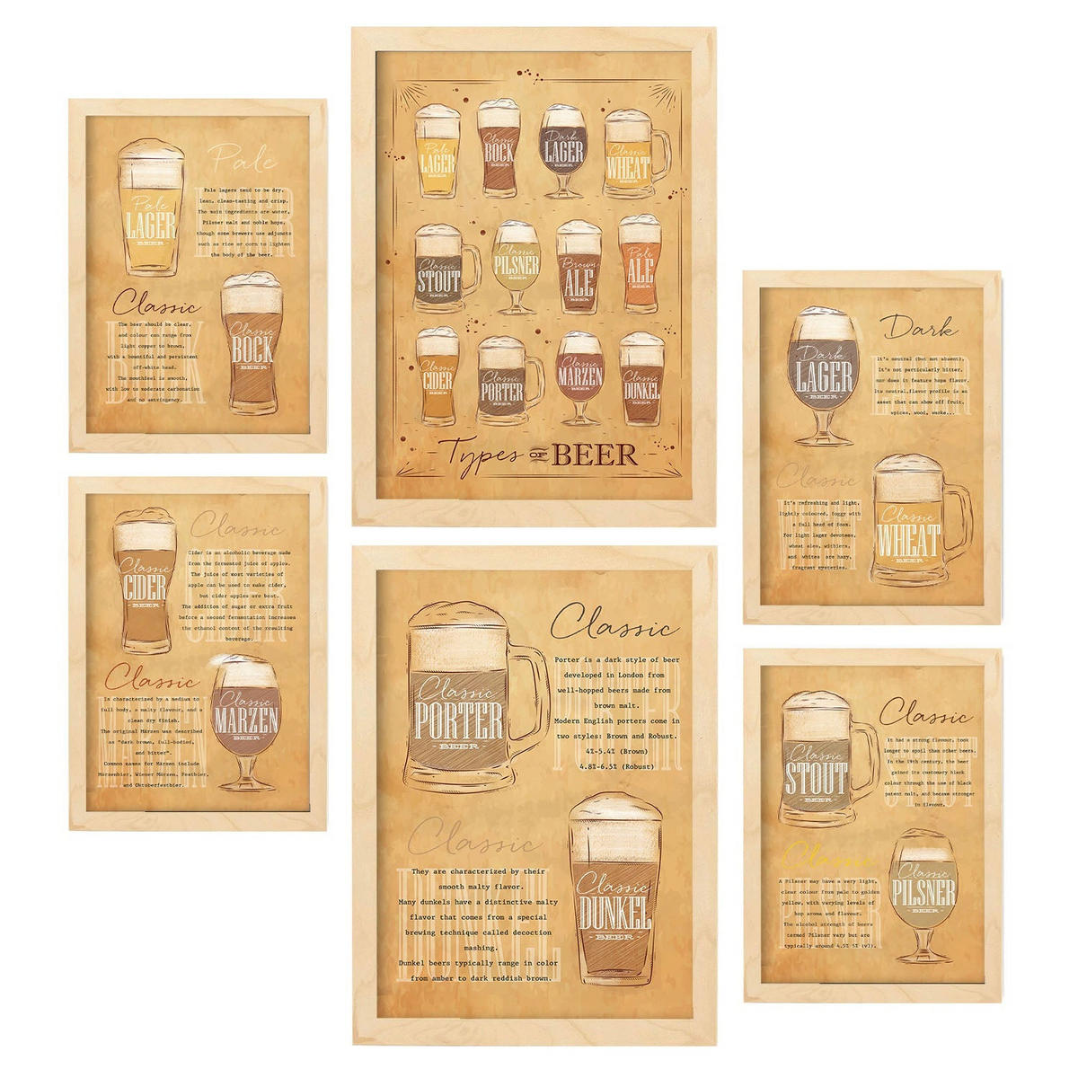 POSTER Set Mit 6 Biersorten Braun Vollfarbige Illustrationen Von Kaffee & Getränken Im Werbetafel Illustrationen A3 & A4 Rahmen Aus Hellem Holz - Beige, Papier (29/3cm) - Nacnic