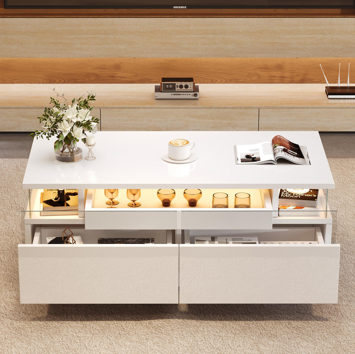 COUCHTISCH 90/45/35,5 cm in Weiß mit LED-Beleuchtung und 2 Schubladen - Weiß, Holzwerkstoff (90/45/35.5cm) - Flora Grace
