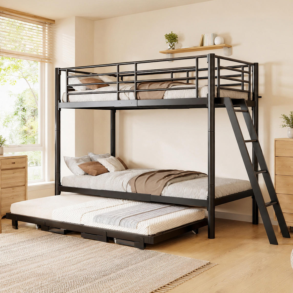 METALL-ETAGENBETT 90 x 200 mit Ausziehbett, Schwarz - Schwarz, Holz (90/200cm) - FLIEKS
