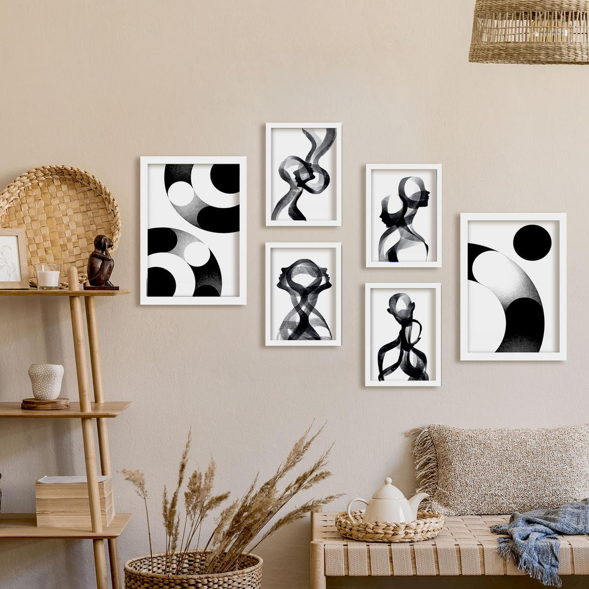 POSTER Set Mit 6 Stille Streifen In Liebhaber Abstrakt Ästhetische Dekorative Gemälde Für Ihr Wohnzimmer, Schlafzimmer, Zuhause A3 & A4 Weißer Rahmen - Weiß, Papier (29/3cm) - Nacnic