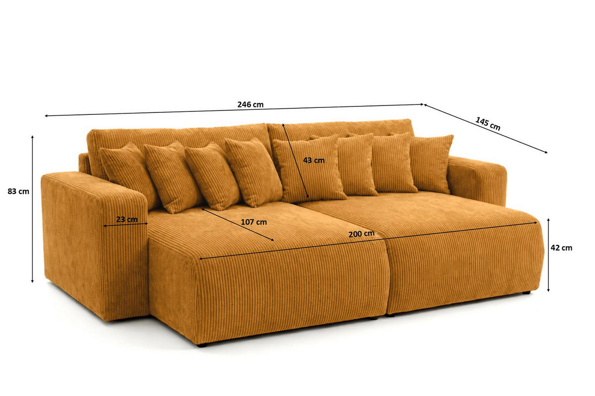 SCHLAFSOFA, Cordstoff Poso, Senffarbe, PIANO DOUBLE - Gelb, Holz (246/83/145cm) - Kaiser Möbel