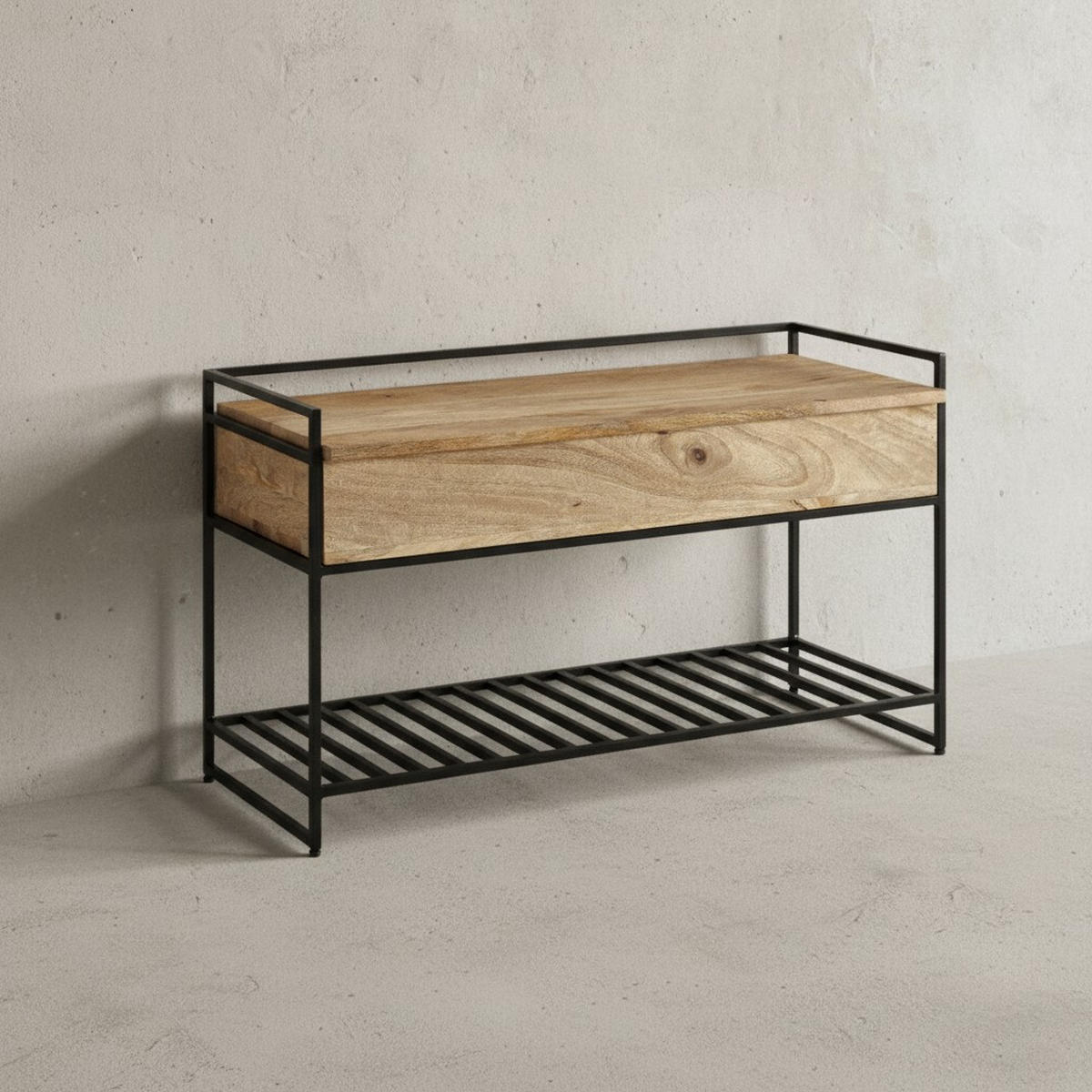 FLURBANK Holz Metall Sitzfläche hochklappbar, Beige 90x38x52 cm - Beige/Schwarz, Holz/Metall (90/52/38cm) - KADIMA DESIGN