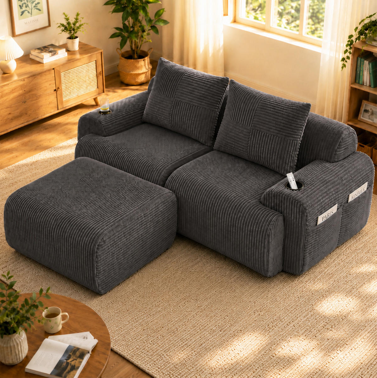 SOFA 200/174/80 cm in Dunkelgrau modular mit Cupholder und Seitentasche - Dunkelgrau, Textil (174/80/200cm) - Flora Grace