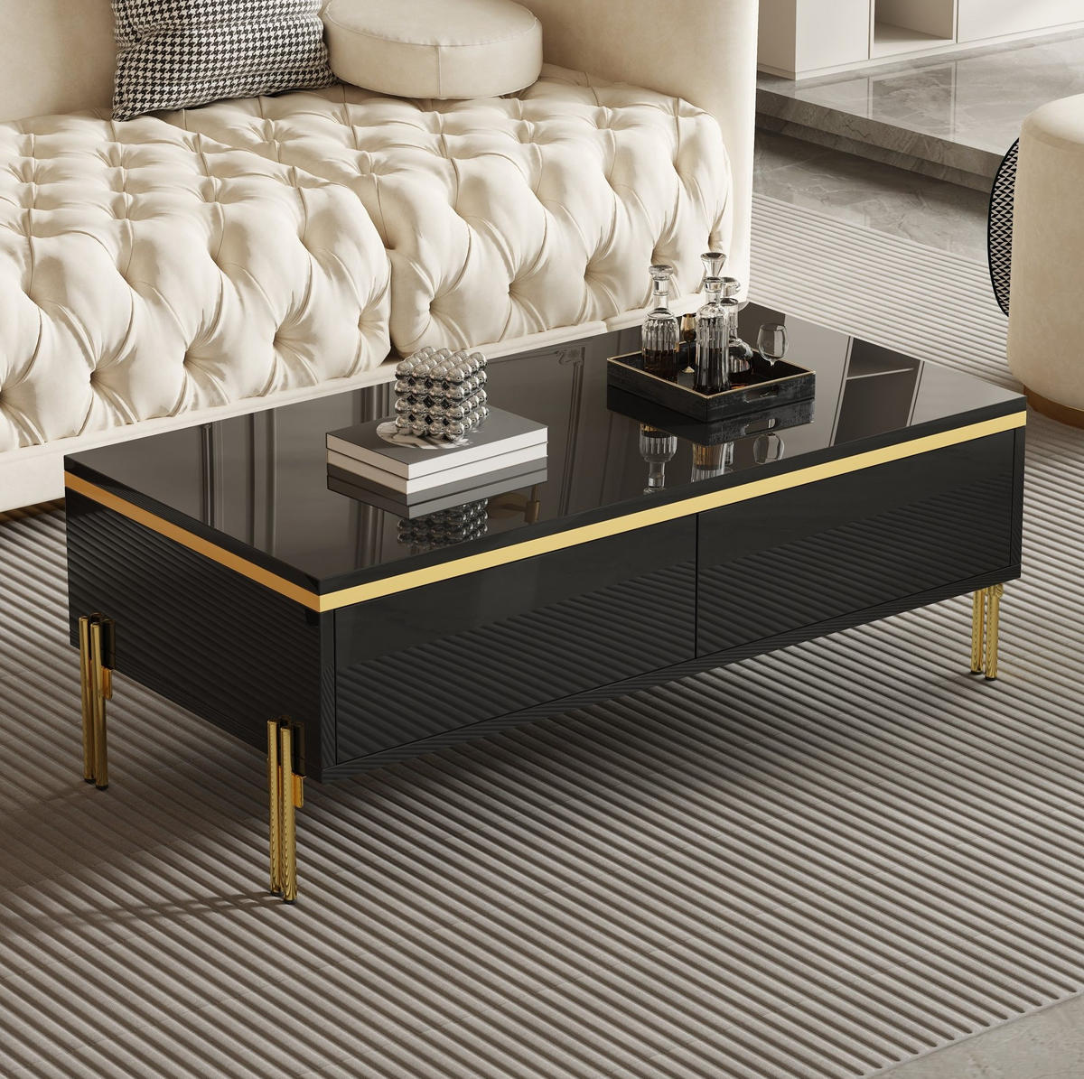 COUCHTISCH 100/50/36 cm mit doppelseitigen Schubladen, Hochglanz-Oberfläche und Metallbeinen, Schwarz - Schwarz, Holzwerkstoff (100/50/36cm) - Redom