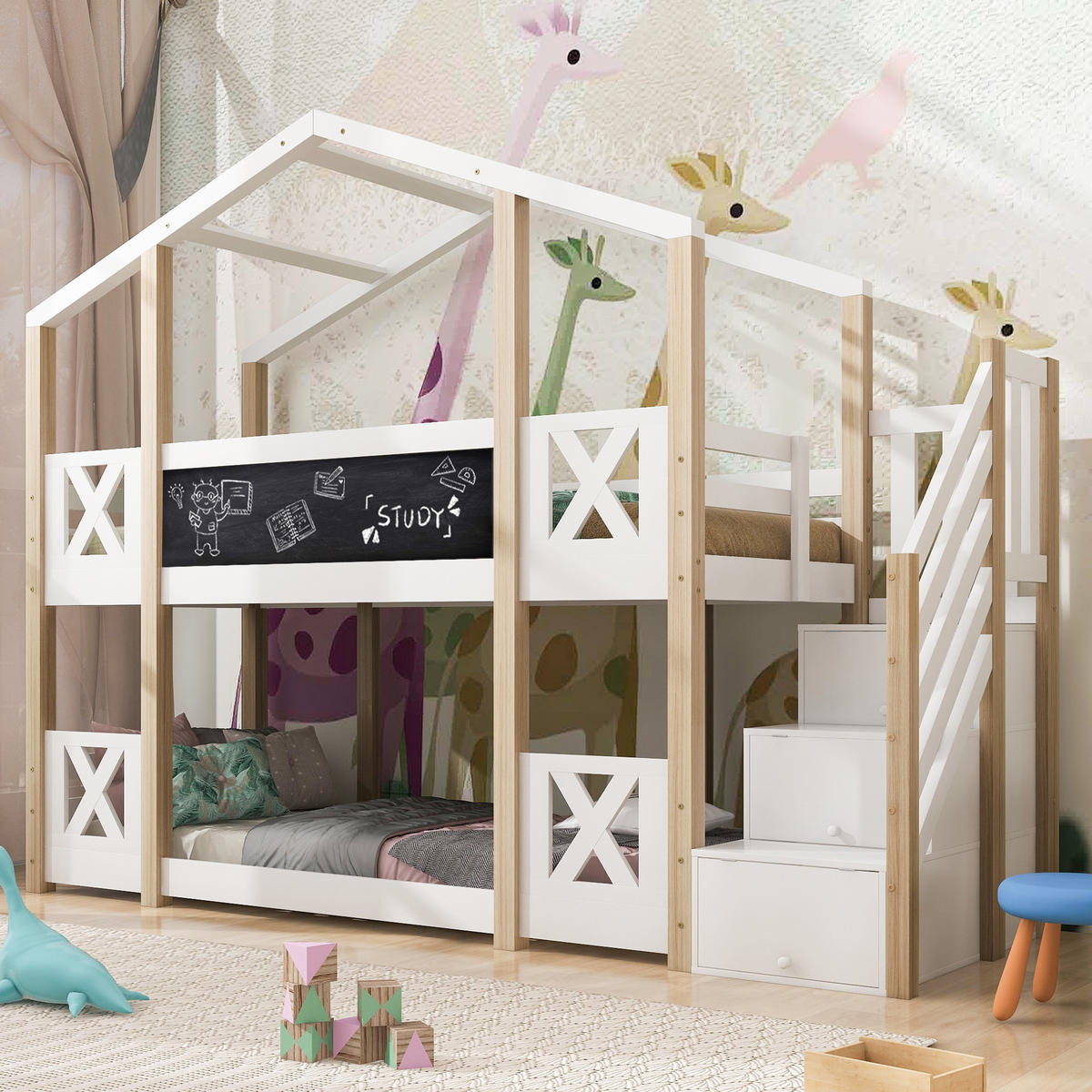ETAGENBETT aus Holz 90x200 cm in Weiß mit Treppe & Stauraum - Weiß, Holz (90/200cm) - Modfu