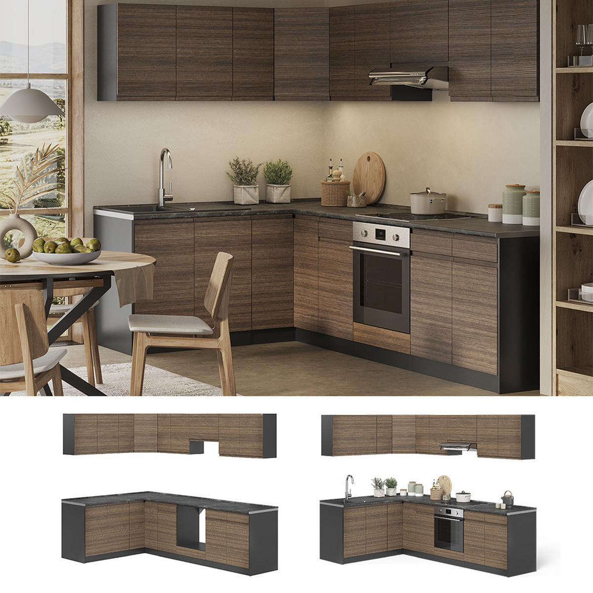 ECKKÜCHE R-Line, Tabak-Walnuss/Anthrazit, 267 x 167 cm - Anthrazit/Walnussfarben, Holzwerkstoff (267/81.6/60cm) - Vicco