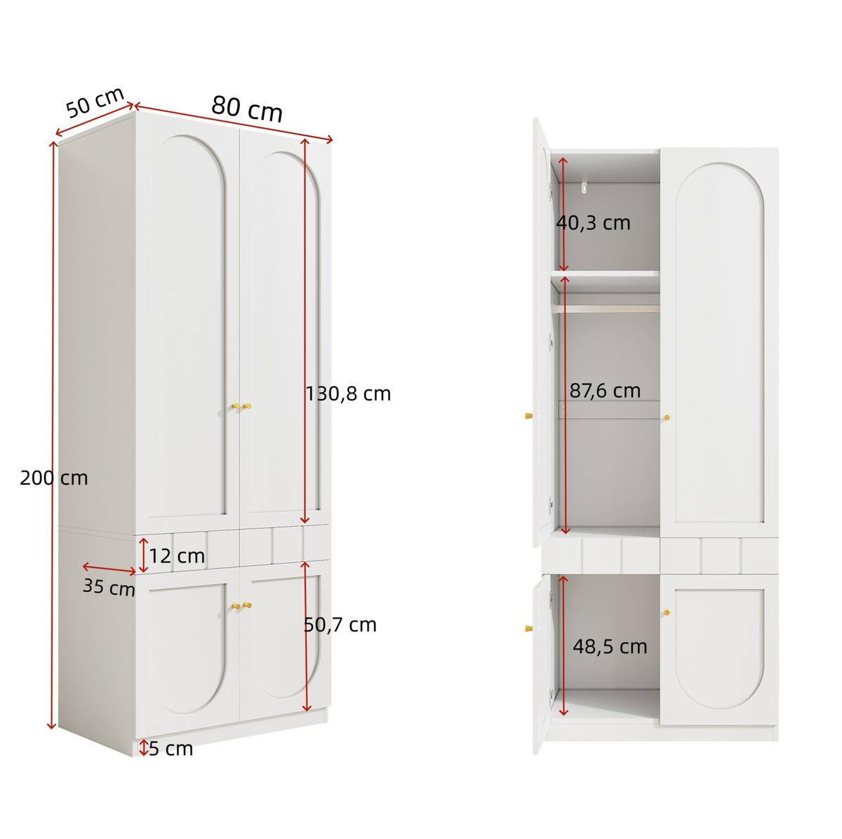 KLEIDERSCHRANK-SET aus MDF 160x50x200 cm Weiß mit Doppeltüren, Schubladen und Kleiderstange - Weiß, Holzwerkstoff (160/200/50cm) - Modfu