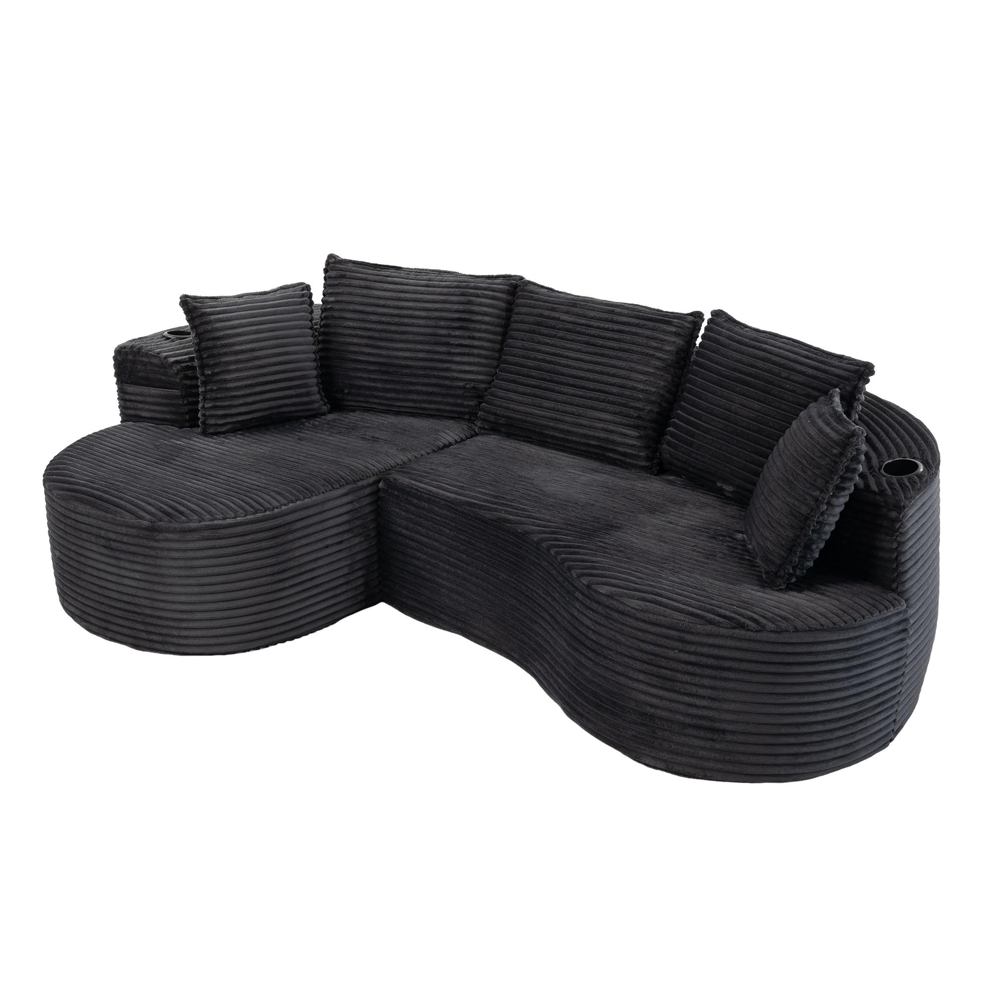 ECKSOFA Cord Dunkelgrau mit Getränkehaltern, Seitentaschen und Kissen - Dunkelgrau, Textil (250/152cm) - WISHDOR