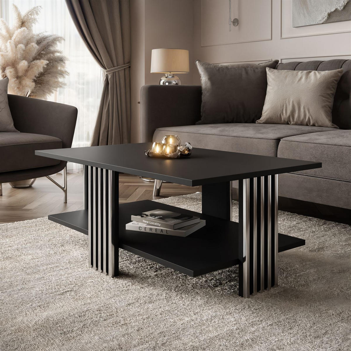 COUCHTISCH SAPHIRA SILVER mit Ablageboden, Schwarz Matt - Schwarz, Holzwerkstoff (60/100/40cm) - Lookway