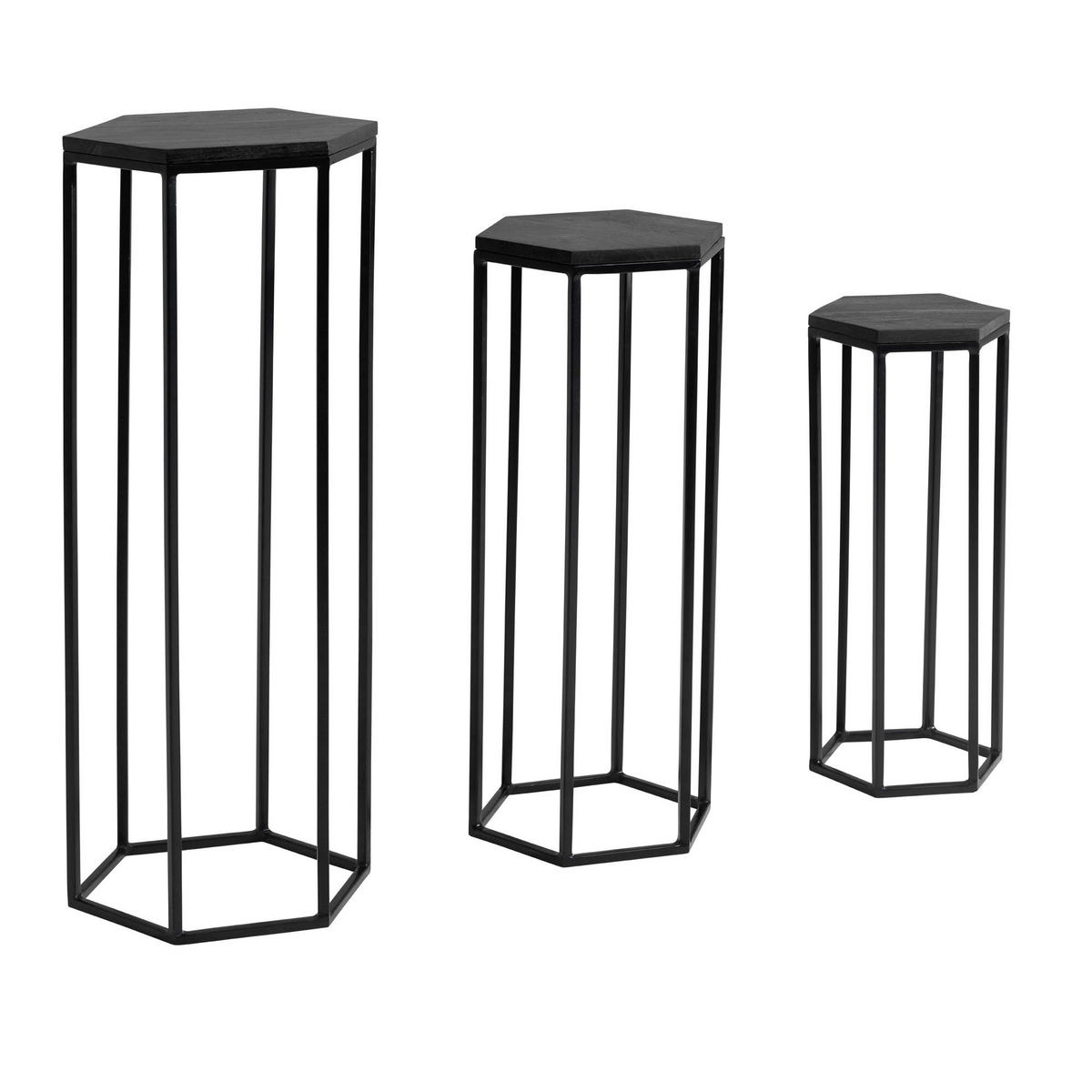 BEISTELLTISCHE 3er Set Massivholz und Metall in Hexagon-Form - Schwarz, Holz/Metall (35/35/90cm) - KADIMA DESIGN