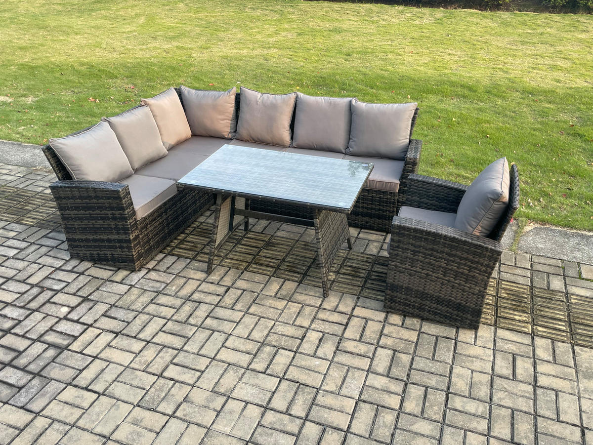 BALKONMÖBEL-SETS mit Ecksofa,Stuhl,Länglicher Esstisch Polyrattan Dunkelgrau 7-Sitzer - Dunkelgrau/Grau, Glas/Kunststoff - Fimous