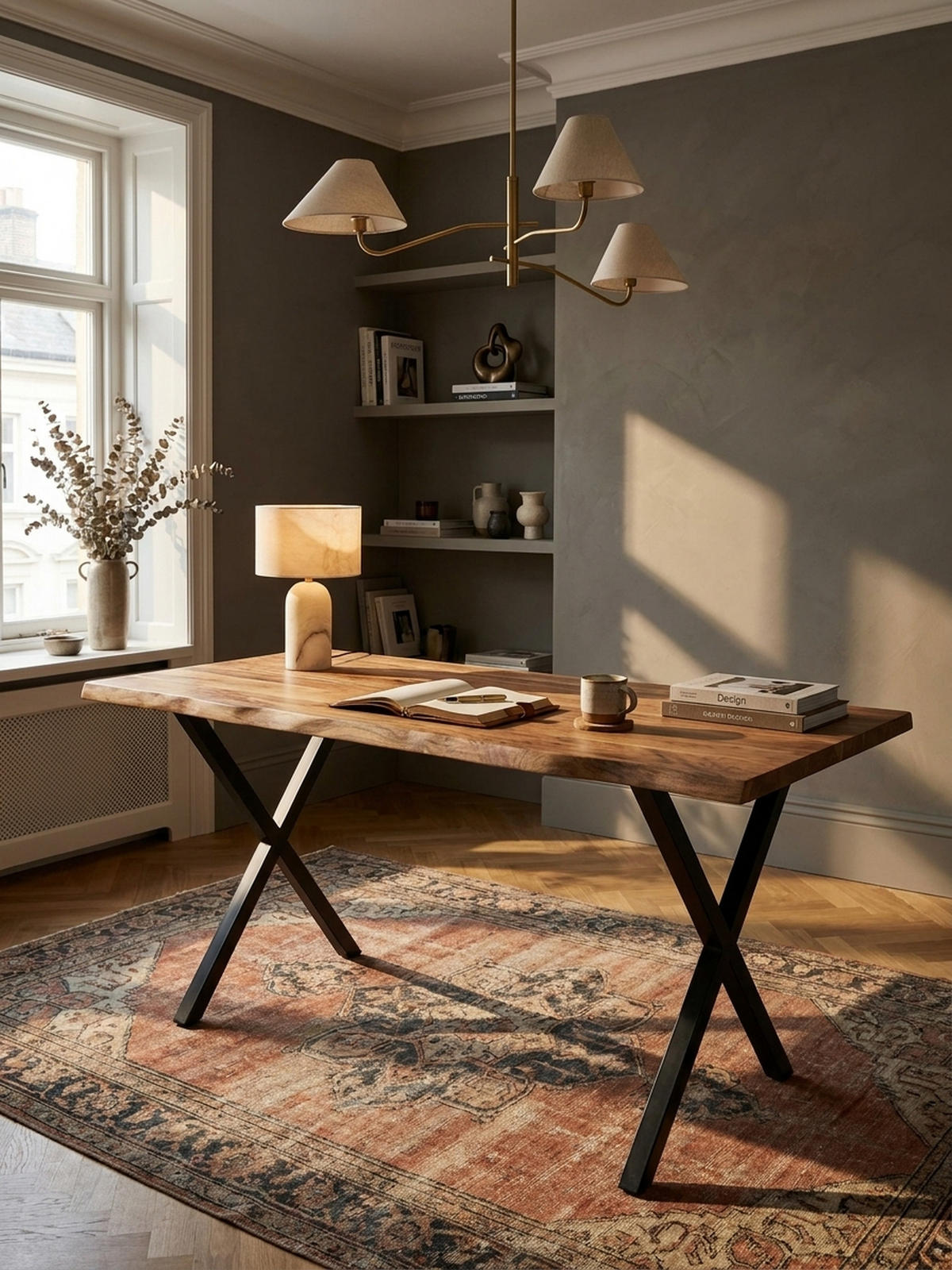 SCHREIBTISCH Massivholz X-Gestell Baumkante Handgefertigt KRETA, Goldbraun-Schwarz 160x80x76 cm - Schwarz/Braun, Holz/Metall (80/160/76cm) - KADIMA DESIGN