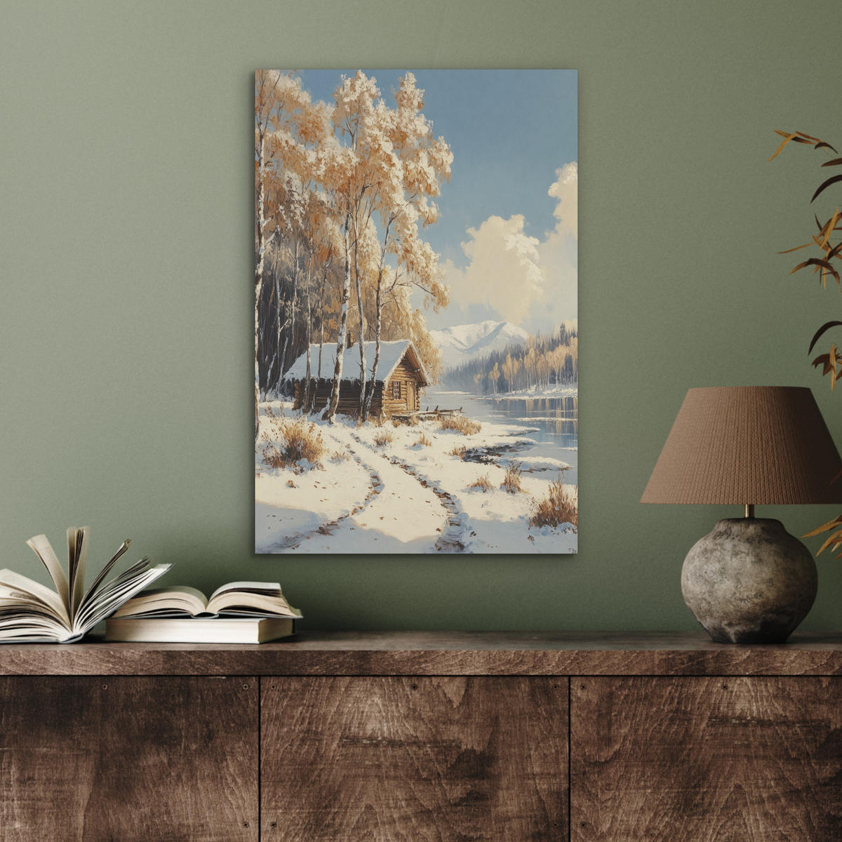 AKUSTIKBILD Winter - Schnee - Zuhause - Natur Kunstdruck Schlafzimmer 50x70 cm - Hellbraun, Kunststoff (50/70/0.9cm) - MuchoWow