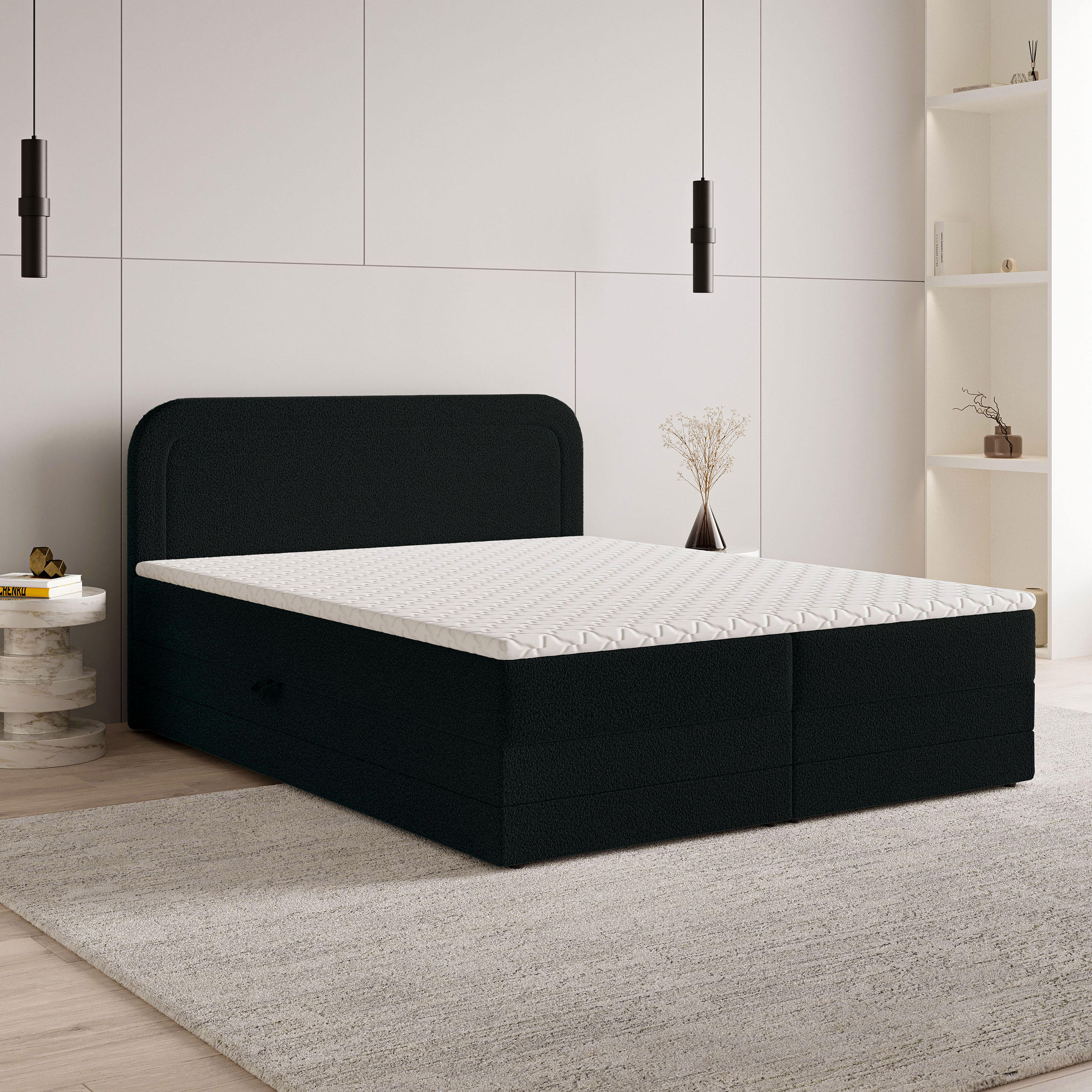 BOXBETT ARMEL 160x200 cm mit Matratze und Topper - Schwarz - Schwarz, Holz (160/200cm) - MASSENO