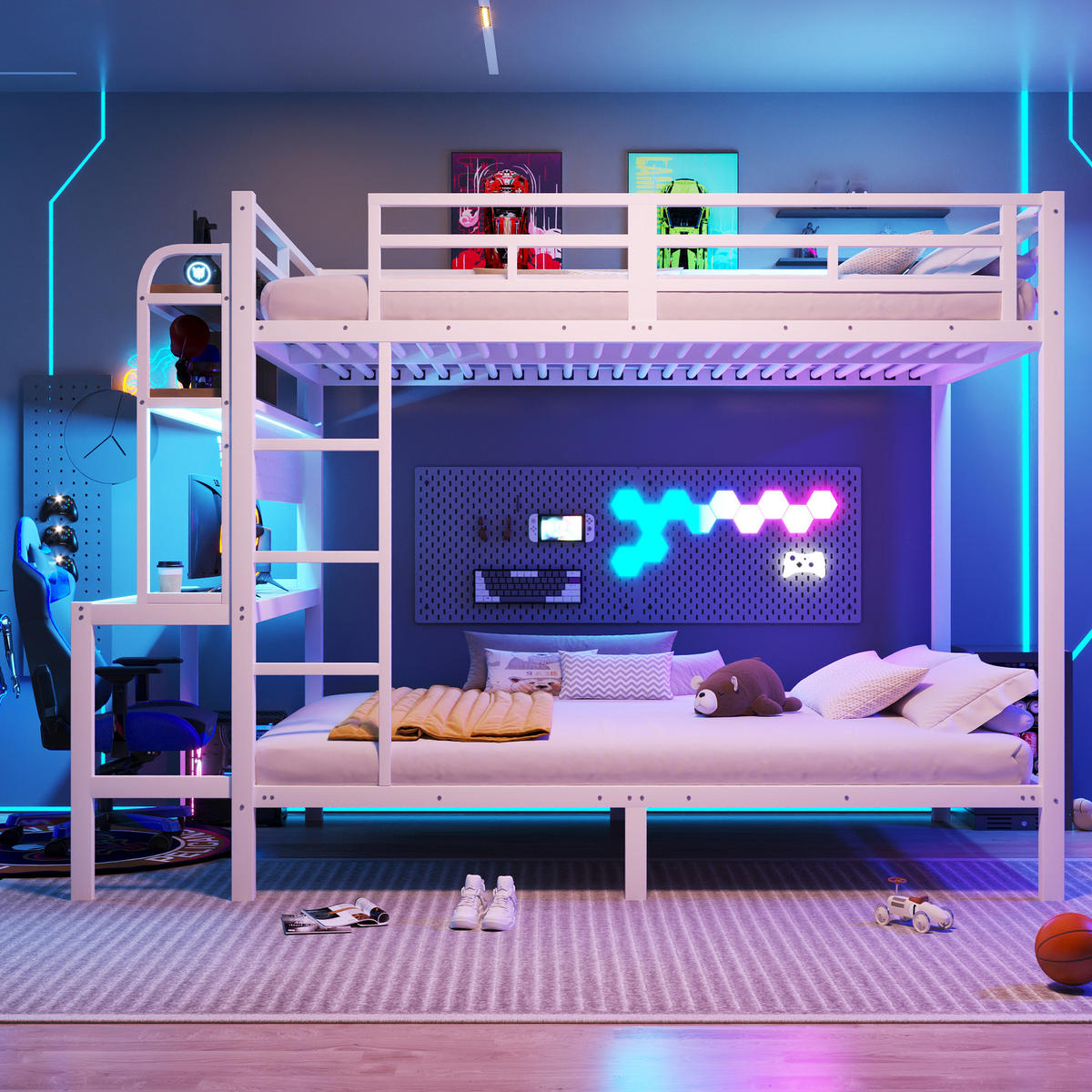 ETAGENBETT 140x200cm Weiß Metall LED-Licht Schreibtisch USB - Weiß, Metall (140/200cm) - FLIEKS