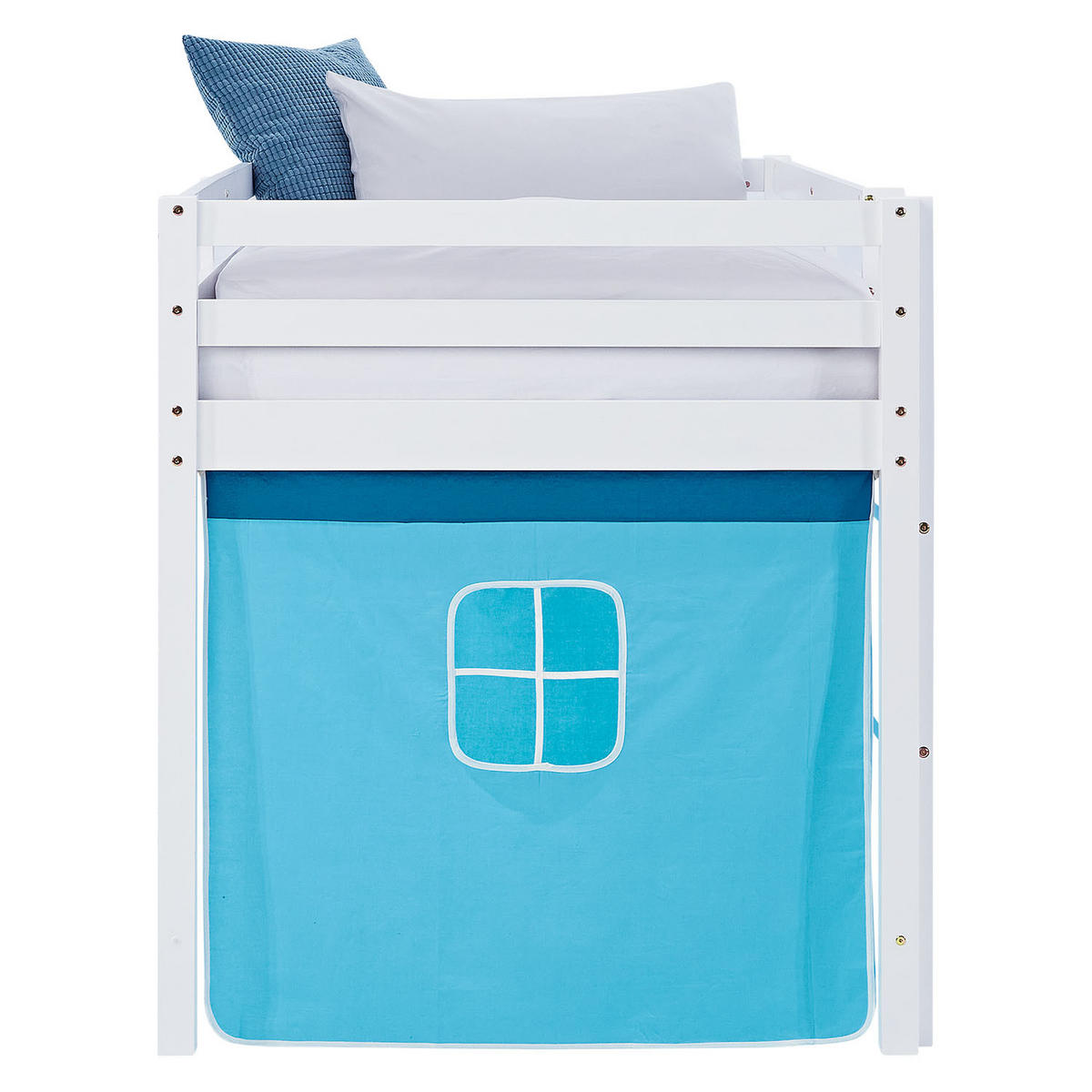 HOCHBETT 90/200 cm in weiß mit Lattenrost + Bettvorhang Blau - Blau/Weiß, Holz - Homestyle4u