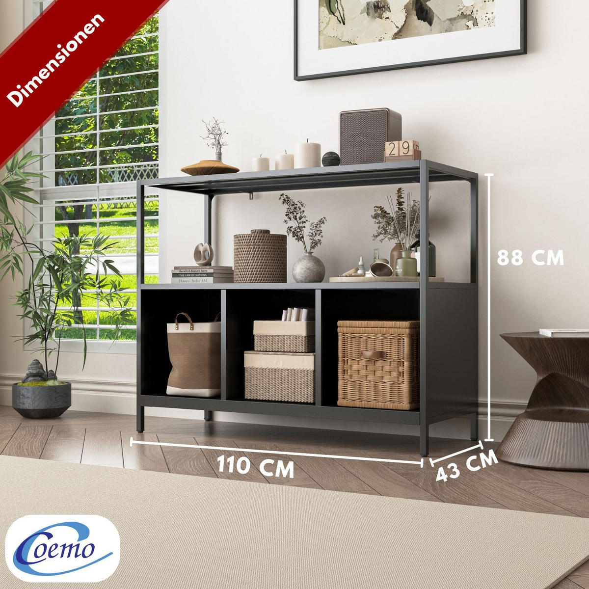 SIDEBOARD CHICAGO Metall offene Fächer 110/43/88 cm - Schwarz, Metall (43/88/110cm) - Coemo