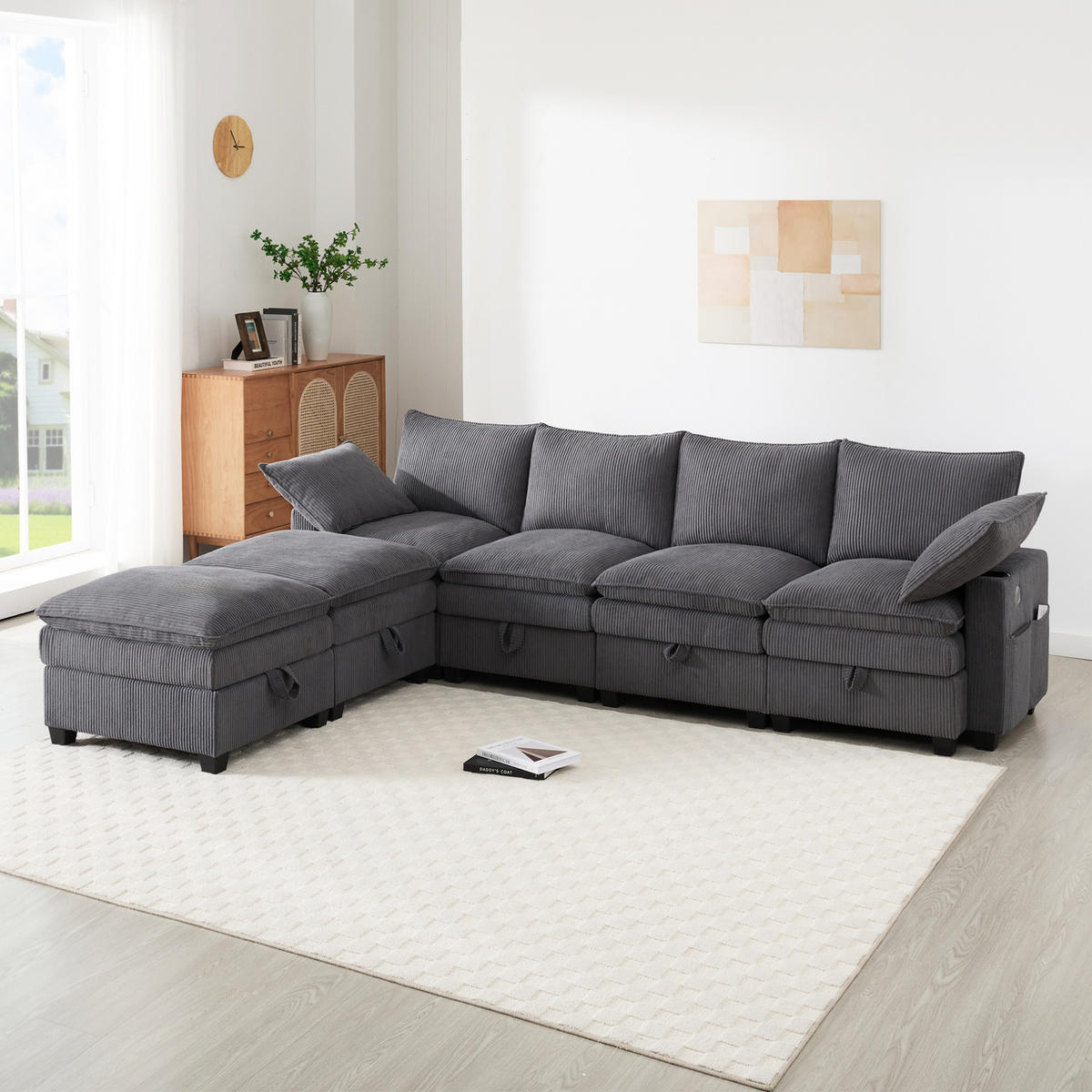SOFA Modulares L-förmiges mit Fußhockern und USB-Anschlüssen Cord Grau 280/151/82 cm - Grau, Textil (280/151cm) - OKWISH