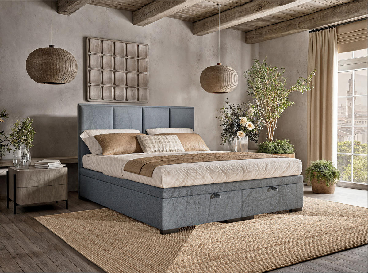 POLSTERBETT Fogo 120/200 cm, in Blau grau, Bettkasten, gepolstertes Kopfteil - Blaugrau/Schwarz, Holz/Holzwerkstoff (120/200cm) - Maison de Reve
