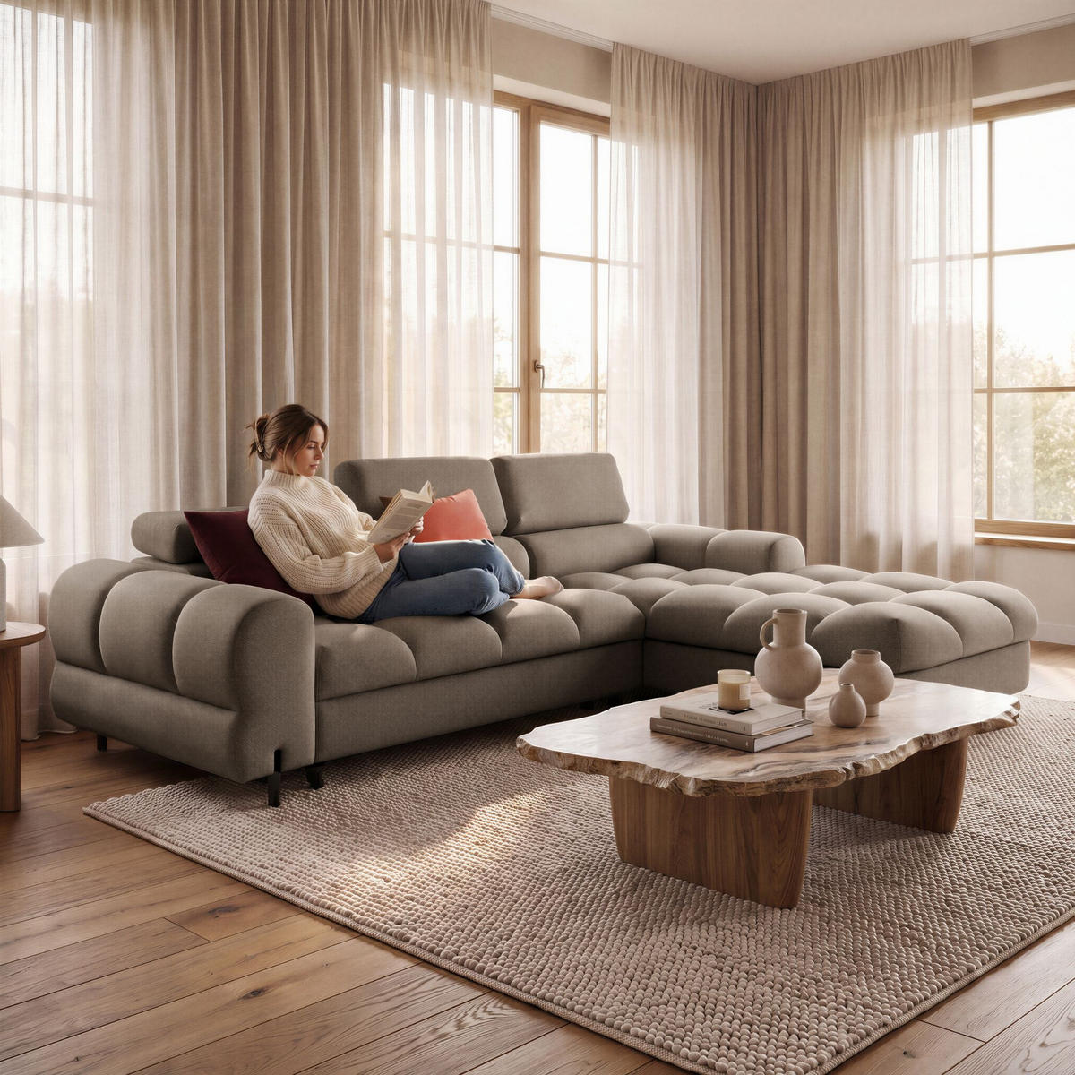 ECKSOFA UFFO L Rechts mit Schlaffunktion 260x195 Velours Beige - Beige/Schwarz, Holz/Textil (195/260cm) - Muffo