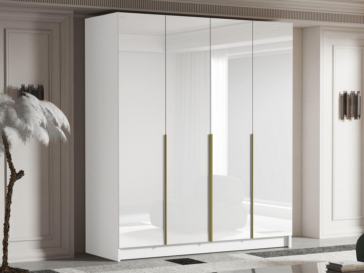 KLEIDERSCHRANK Santi I - Weiß Hochglanz/Goldfarben, Holzwerkstoff/Metall (200/215/58cm) - MIRJAN24