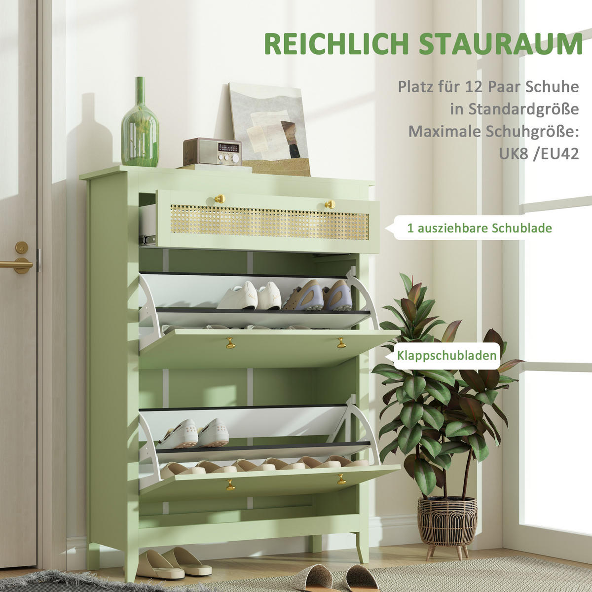 SCHUHSCHRANK 88/30/120 cm mit 2 Klappen, Schublade und Rattanoptik, Grün - Grün, Holzwerkstoff (88/120/30cm) - Redom