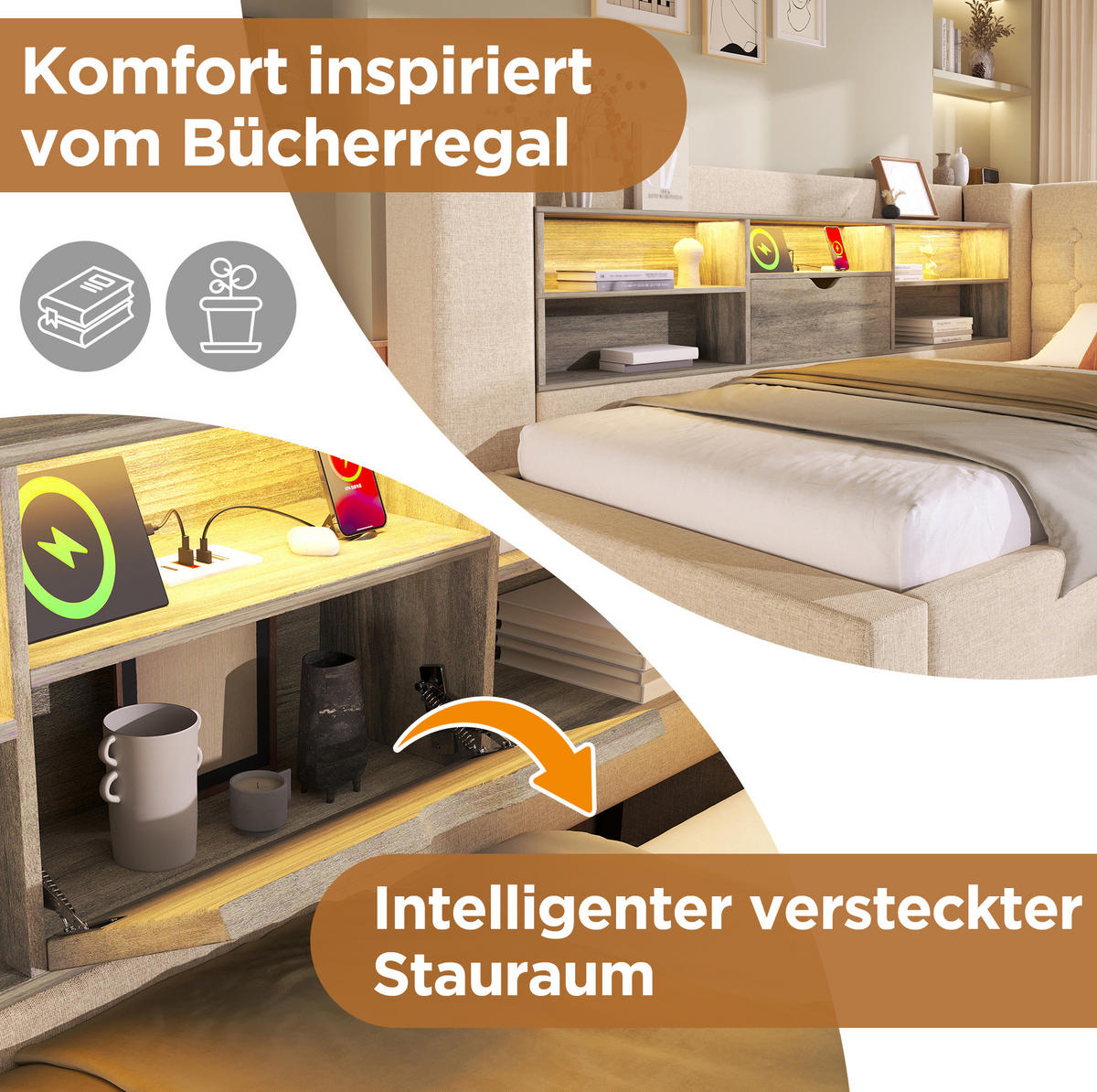 POLSTERBETT 140/200 cm mit LED-Beleuchtung, USB-Anschlüssen, hydraulischem Stauraum und flexiblem L-Kopfteil, Beige - Beige, Textil (140/200cm) - Redom
