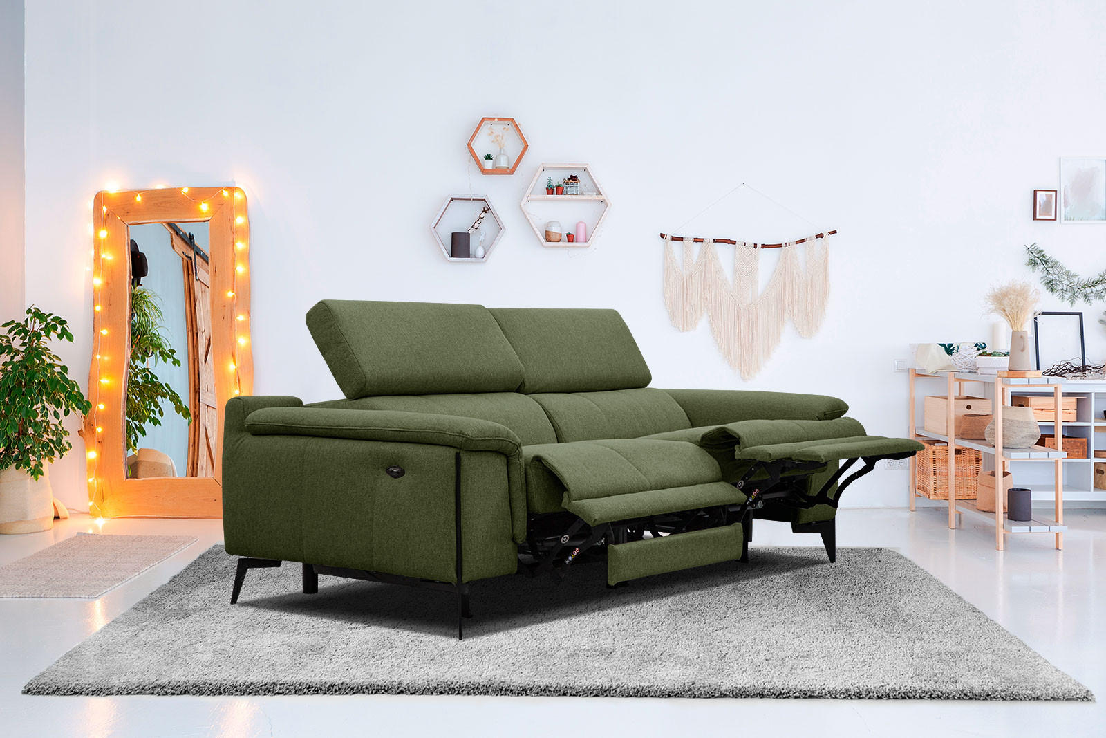 RELAXSOFA MATERA 3-Sitzer mit 2 Relaxfunktionen, olivgrün - Schwarz/Olivgrün, Holzwerkstoff/Textil (212/82/103cm) - Courtois Laville