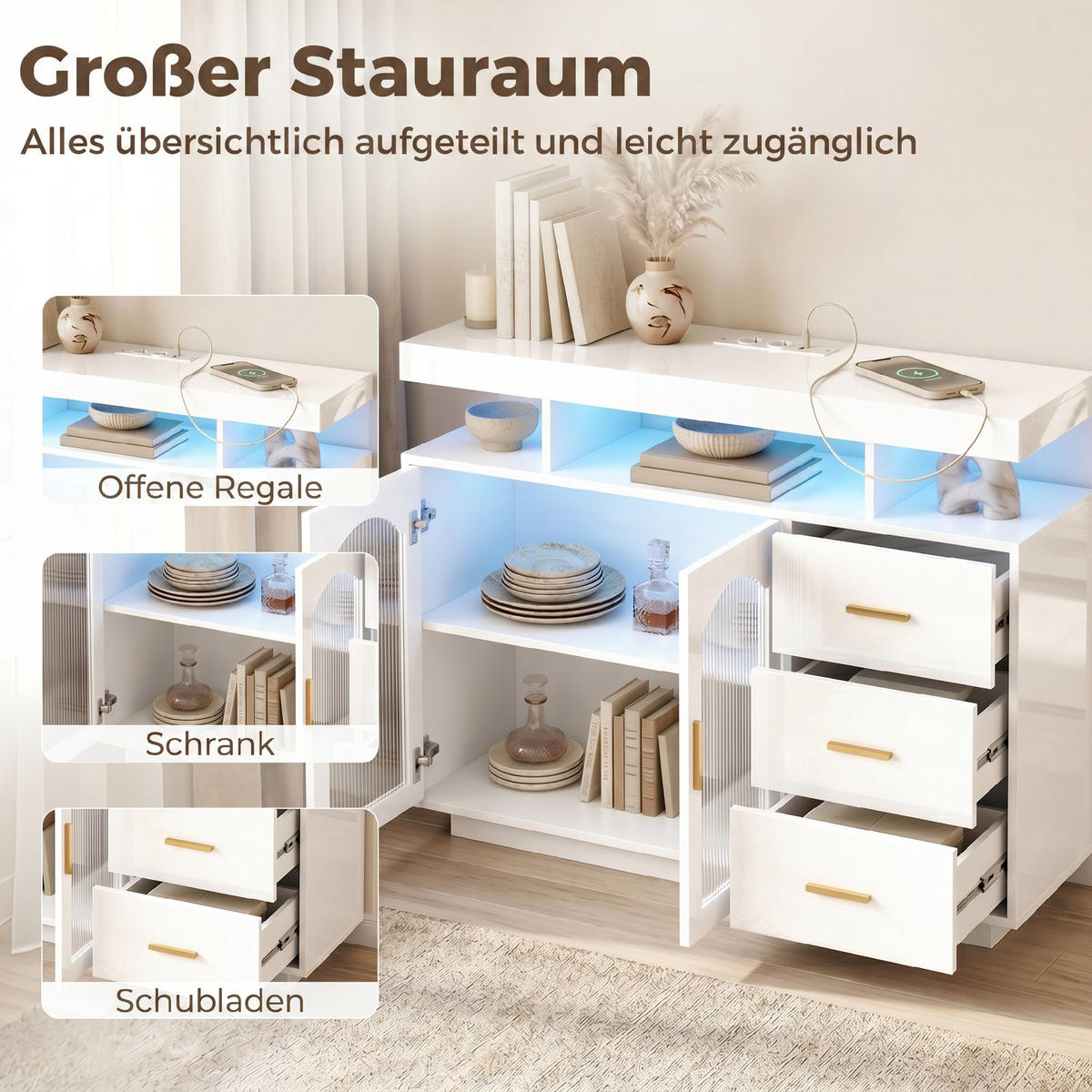SIDEBOARD MDF Weiß - Weiß Hochglanz/Goldfarben, Holzwerkstoff/Metall (35/80/100cm) - HOMCOM