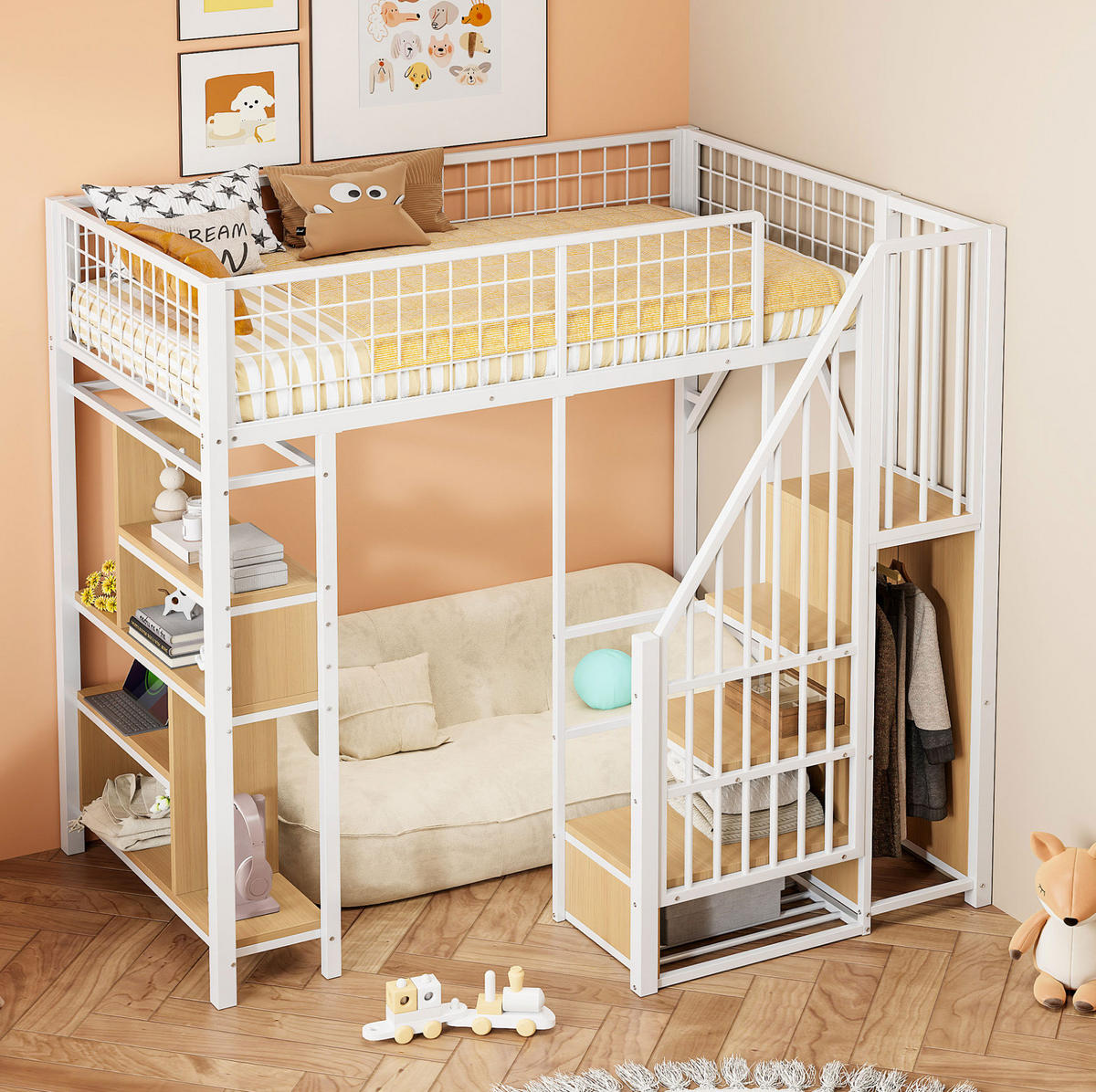 HOCHBETT 90/200 cm in Weiß mit Stauraumtreppe und vielseitigem Unterbettbereich - Weiß, Metall (90/200cm) - Flora Grace