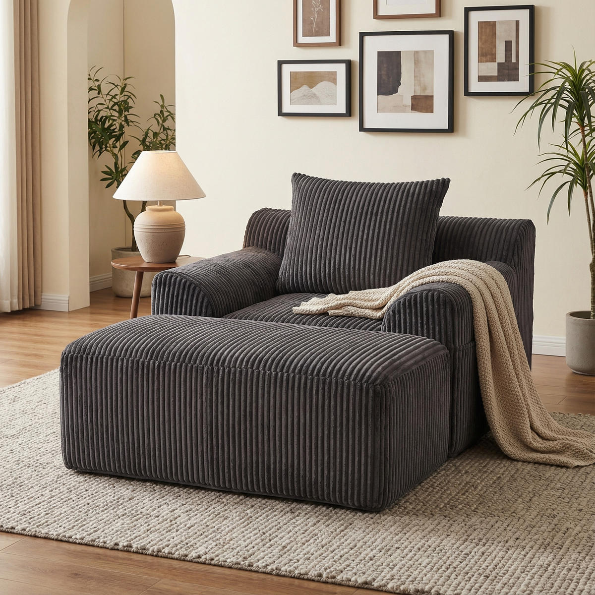 SESSEL mit Hocker in Cord Übergroßer Relaxsessel - Dunkelgrau, Textil (147/67/110cm) - Urban Meuble