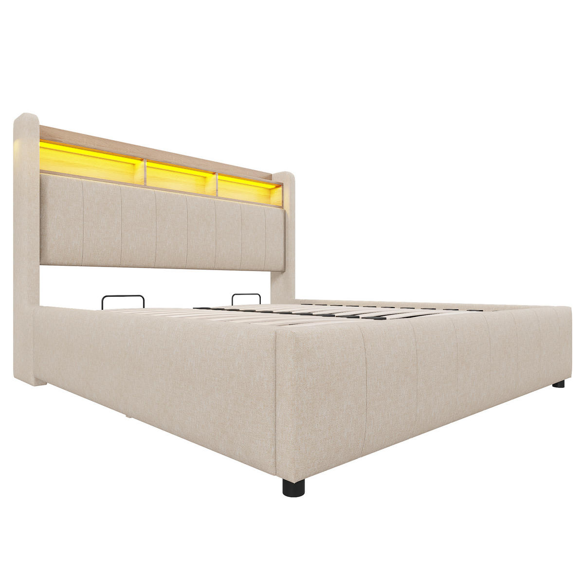 STAURRAUMBETT 140/200 cm DE-01949, in Beige, mit LED, USB-C und hydraulischer Lagerung - Beige, Metall (140/200cm) - ComfortXL