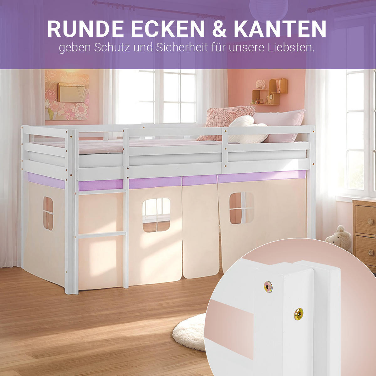 HOCHBETT 90/200 cm in weiß Bettvorhang peach - Lila/Weiß, Holz - Homestyle4u