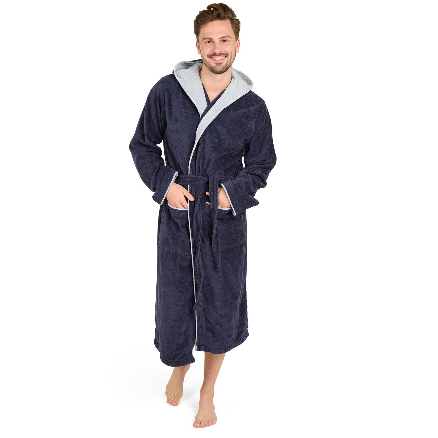 BADENMANTEL Herren M - mit gefütterter Kapuze aus 100% Baumwolle, Dunkelblau - Dunkelblau, Textil (Mnull) - Blumtal