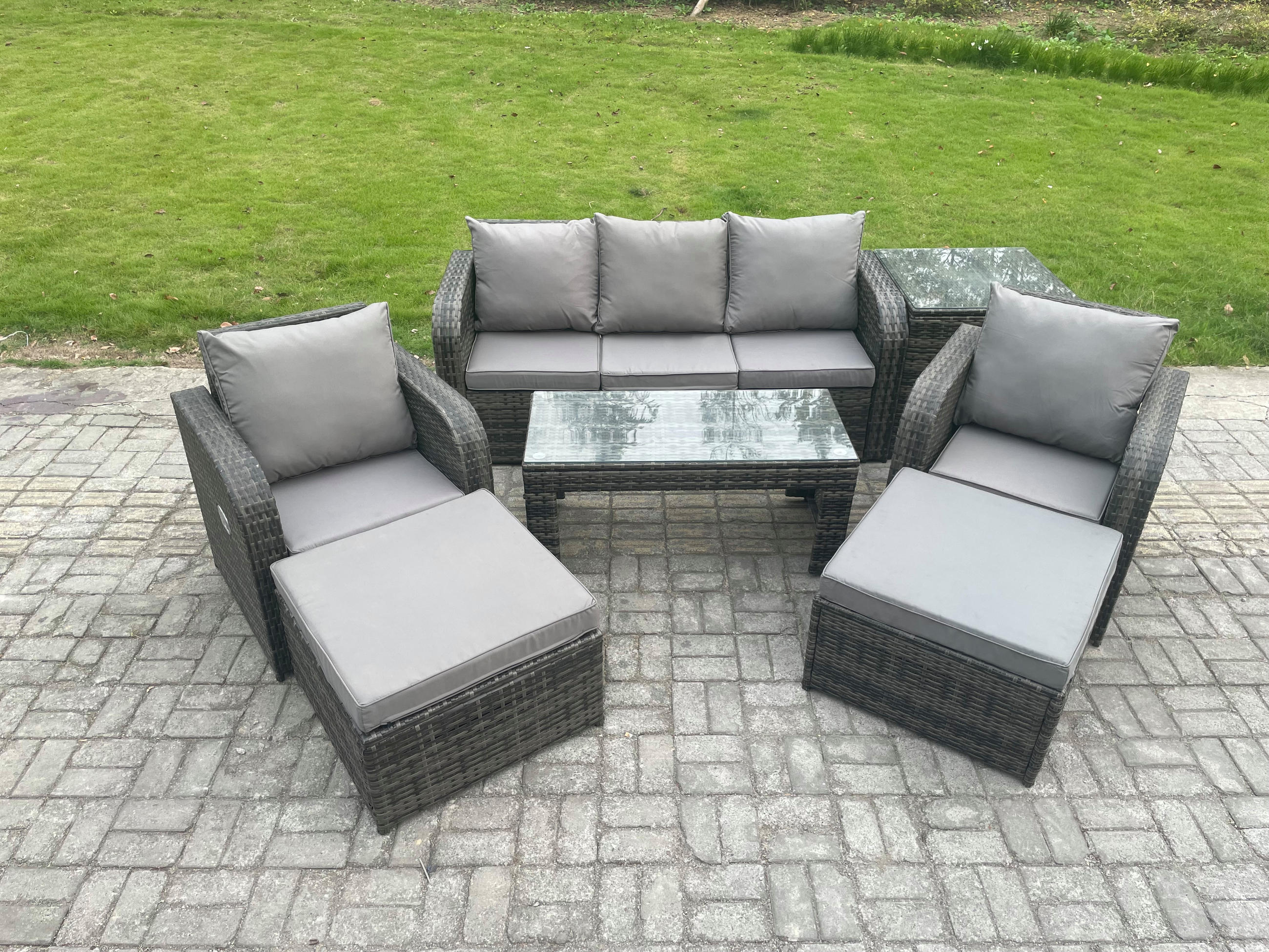 GARTENSOFA SET mit LIEGESTUHL Polyrattan 7-Sitzer Dunkelgrau - Dunkelgrau/Grau, Glas/Kunststoff - Fimous
