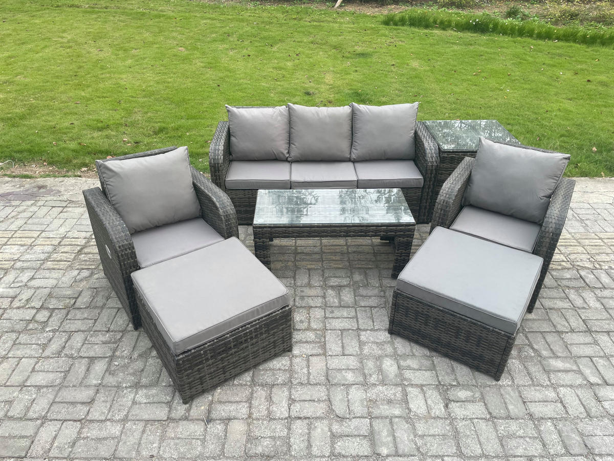 GARTENSOFA SET mit LIEGESTUHL Polyrattan 7-Sitzer Dunkelgrau - Dunkelgrau/Grau, Glas/Kunststoff - Fimous