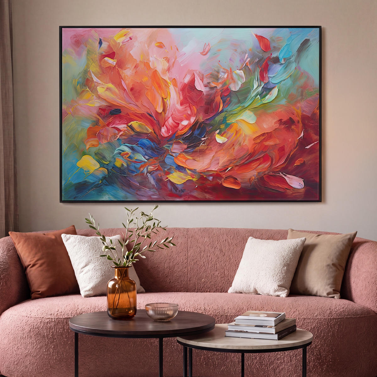 LEINWAND Bilder mit Rahmen - Ölgemälde - Kunst - Abstrakt - Farbenfroh - 150x100 - Altrosa, Textil (150/100cm) - MuchoWow