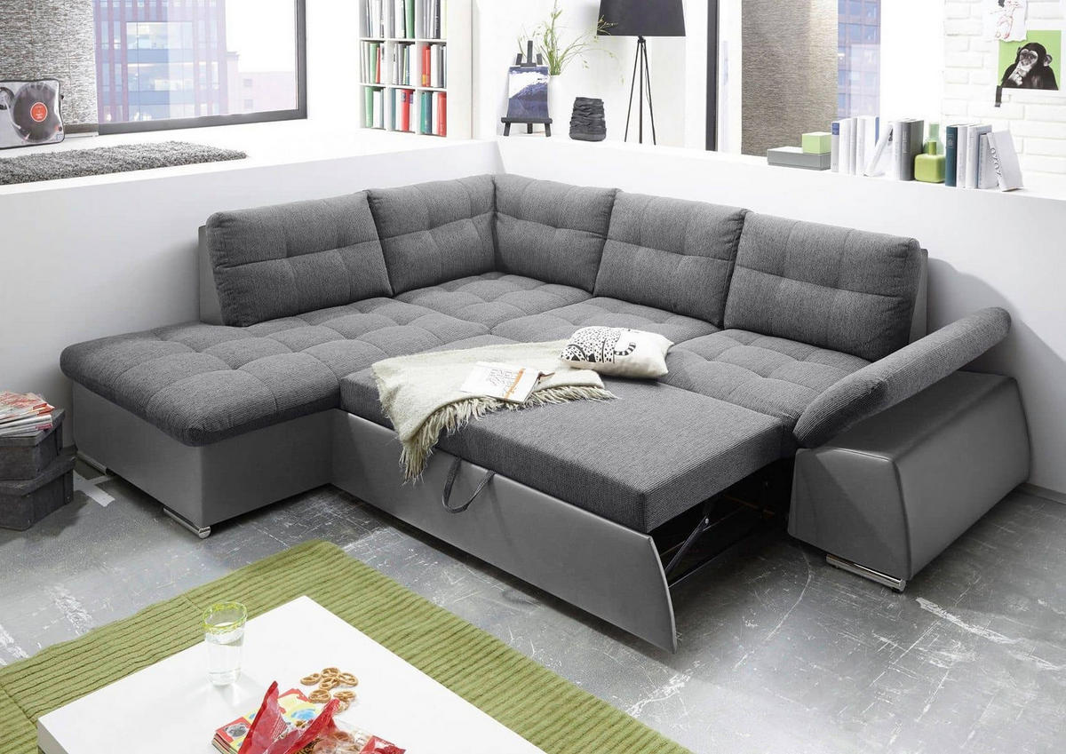 ECKSOFA mit Schlaffunktion, Armlehnfunktion und Kopfstützen - Chromfarben/Anthrazit, Textil (219/219cm) - ed exciting design