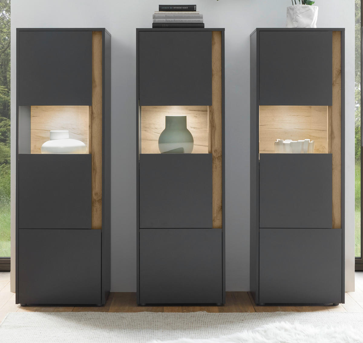 VITRINEN-SET 3-teilig grau matt, Wotan Eiche, Wohnkombination 3 x Vitrine, 190 x 155 cm - Anthrazit/Eiche Wotan, Holz/Holzwerkstoff (190/155/40cm) - Furn.Design