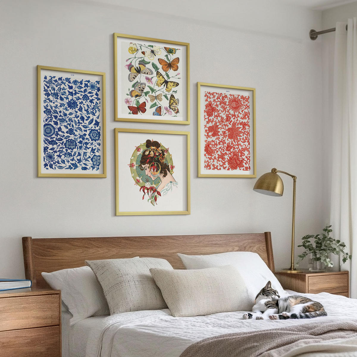 BILDER SET 4er Set - 50x50 cm & 40x60 cm Goldrahmen - Vintage-Blumen-Schmetterlings-Ornamente - Goldfarben, Kunststoff (50/50cm) - TULUP