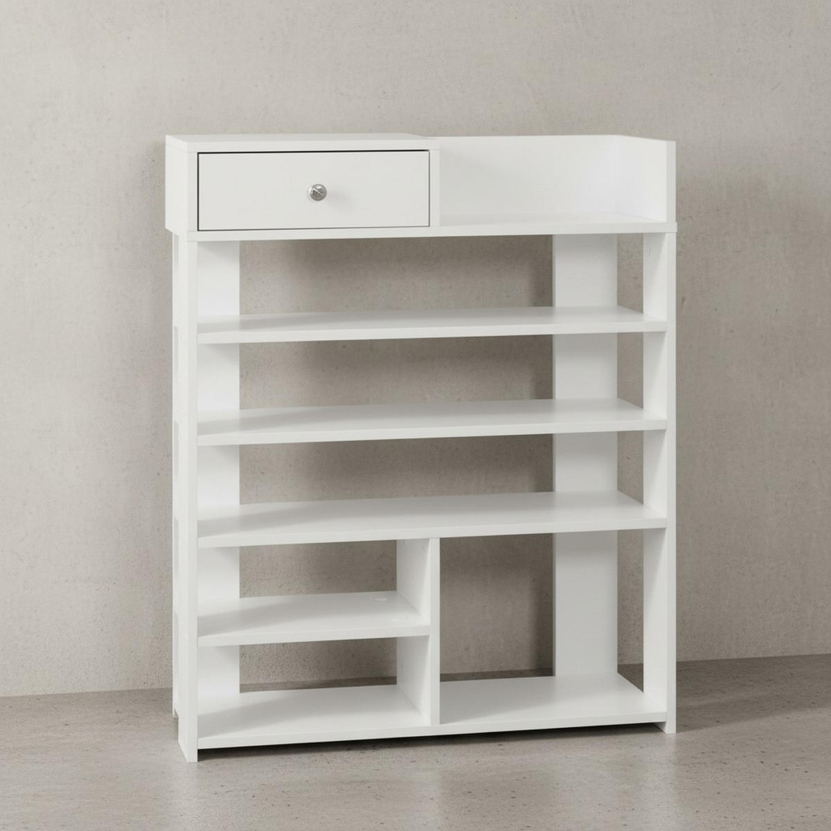 SCHUHREGAL – Weiß, 75x92,5x24 cm, 7 Fächer, mit Schublade, kompakt - Weiß, Holz/Metall (75/93/24cm) - KADIMA DESIGN