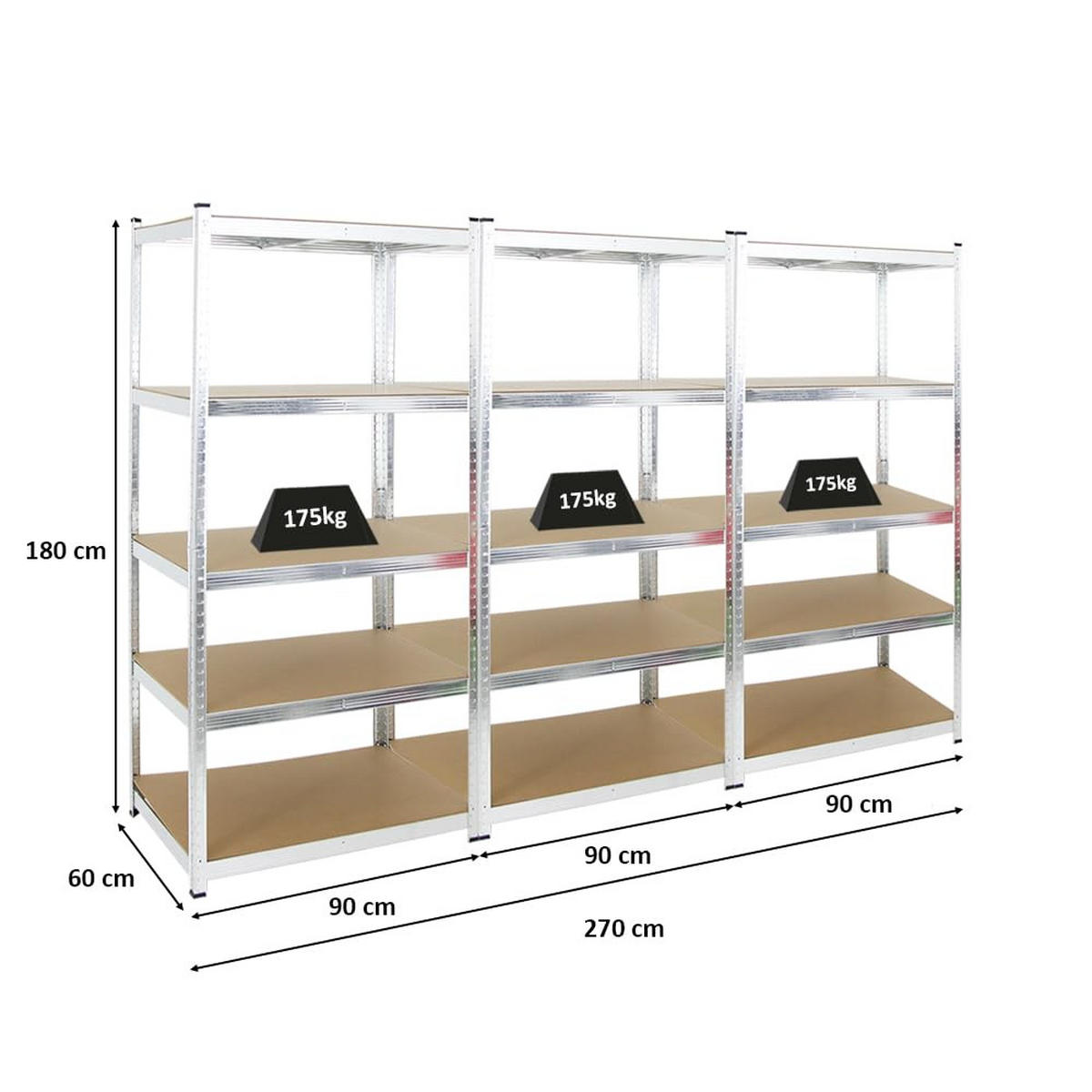 SCHWERLASTREGAL Ragnar 3er-Set mit 3x 180x90x60 cm Fachlast 175 kg Verzinkt - Silberfarben, Metall (270/180/60cm) - PROREGAL