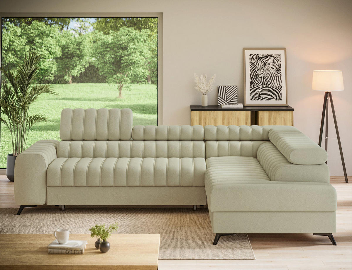 KANEDO Ecksofa mit Schlaffunktion und Bettkasten – Modernes Designsofa, verstellbare Kopfstützen, Metallfüße - Beige, Kunststoff (269/86cm) - Wohnideebilder