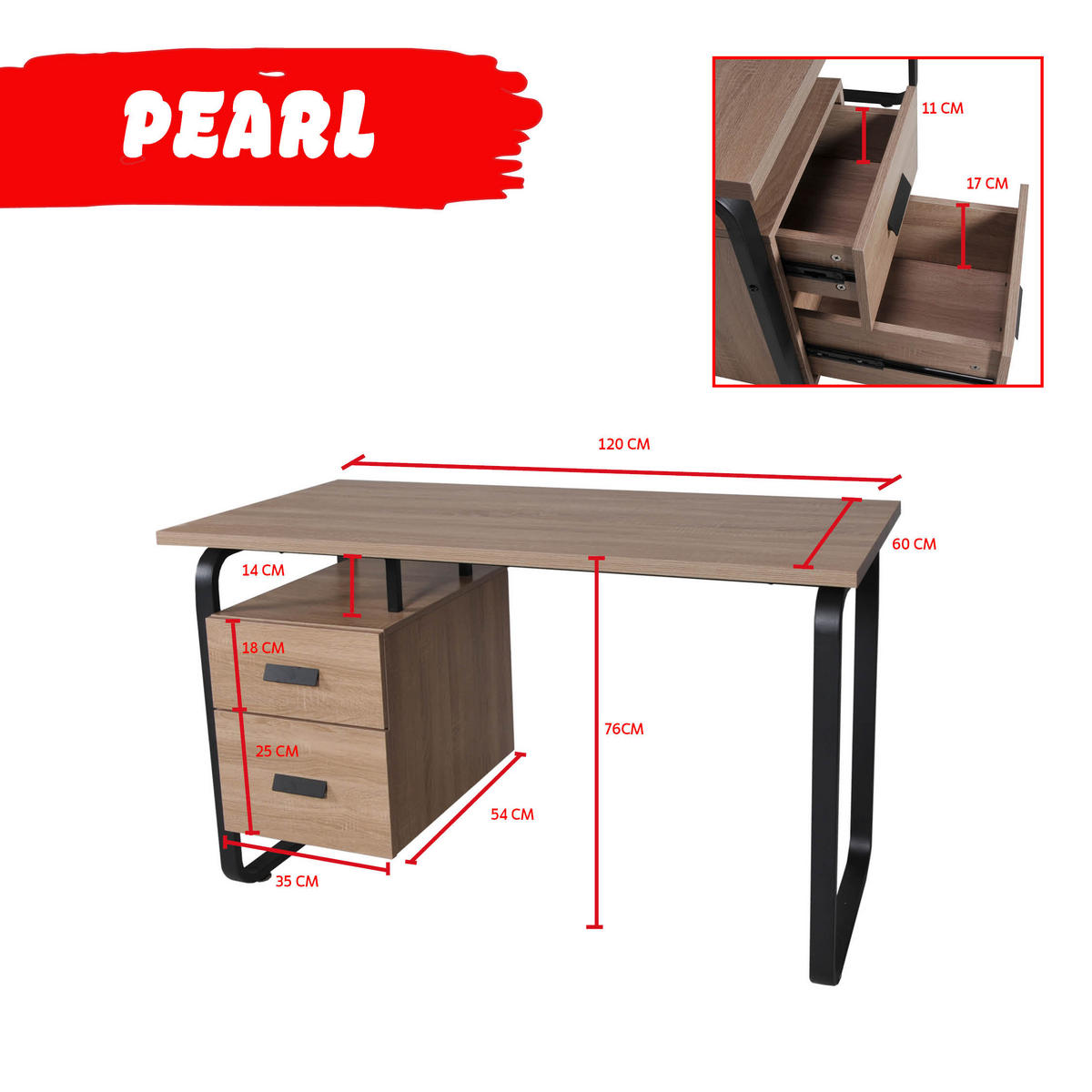 SCHREIBTISCH PEARL mit Schubladen/ Eiche dekor und schwarzes Metall - Schwarz/Sonoma Eiche, Holzwerkstoff/Metall (120/60/76cm) - Weber Industries
