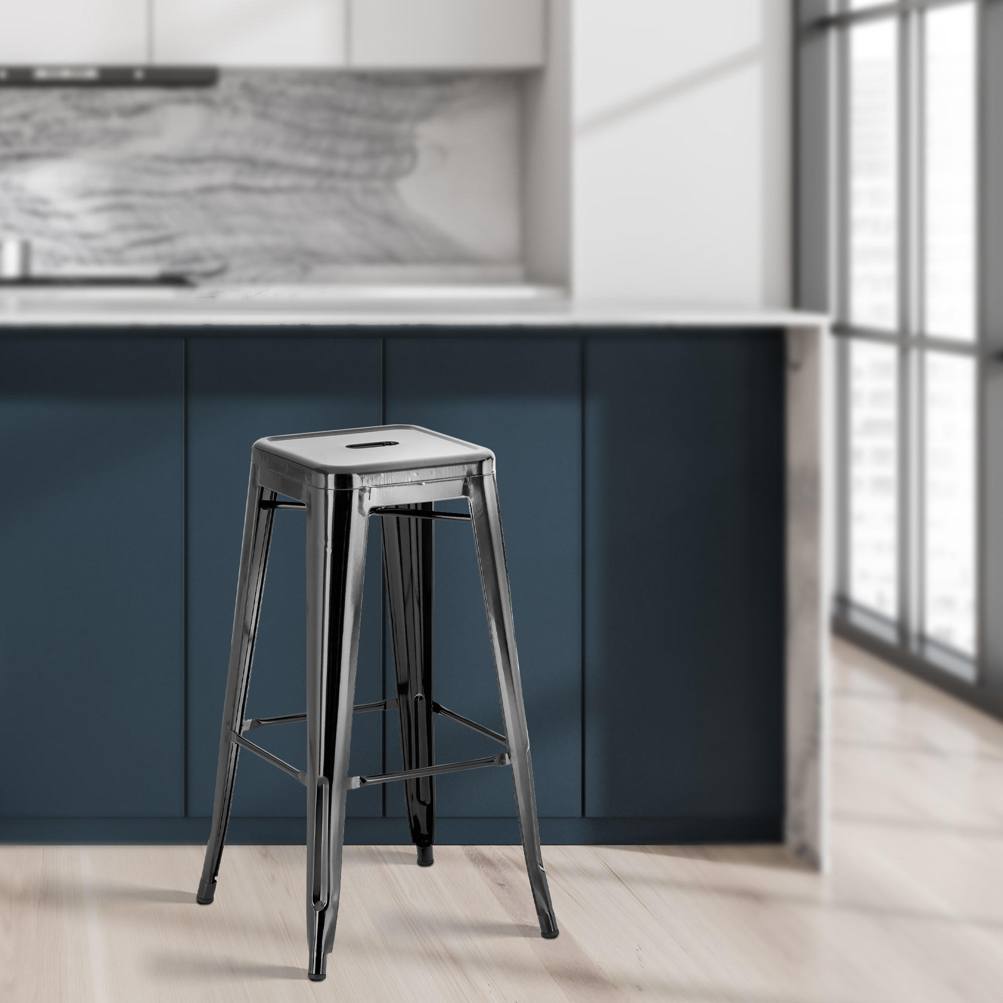 BARHOCKER Metall schwarz - Eukalyptusholzfarben/Schwarz, Metall (43/76/43cm) - CLP