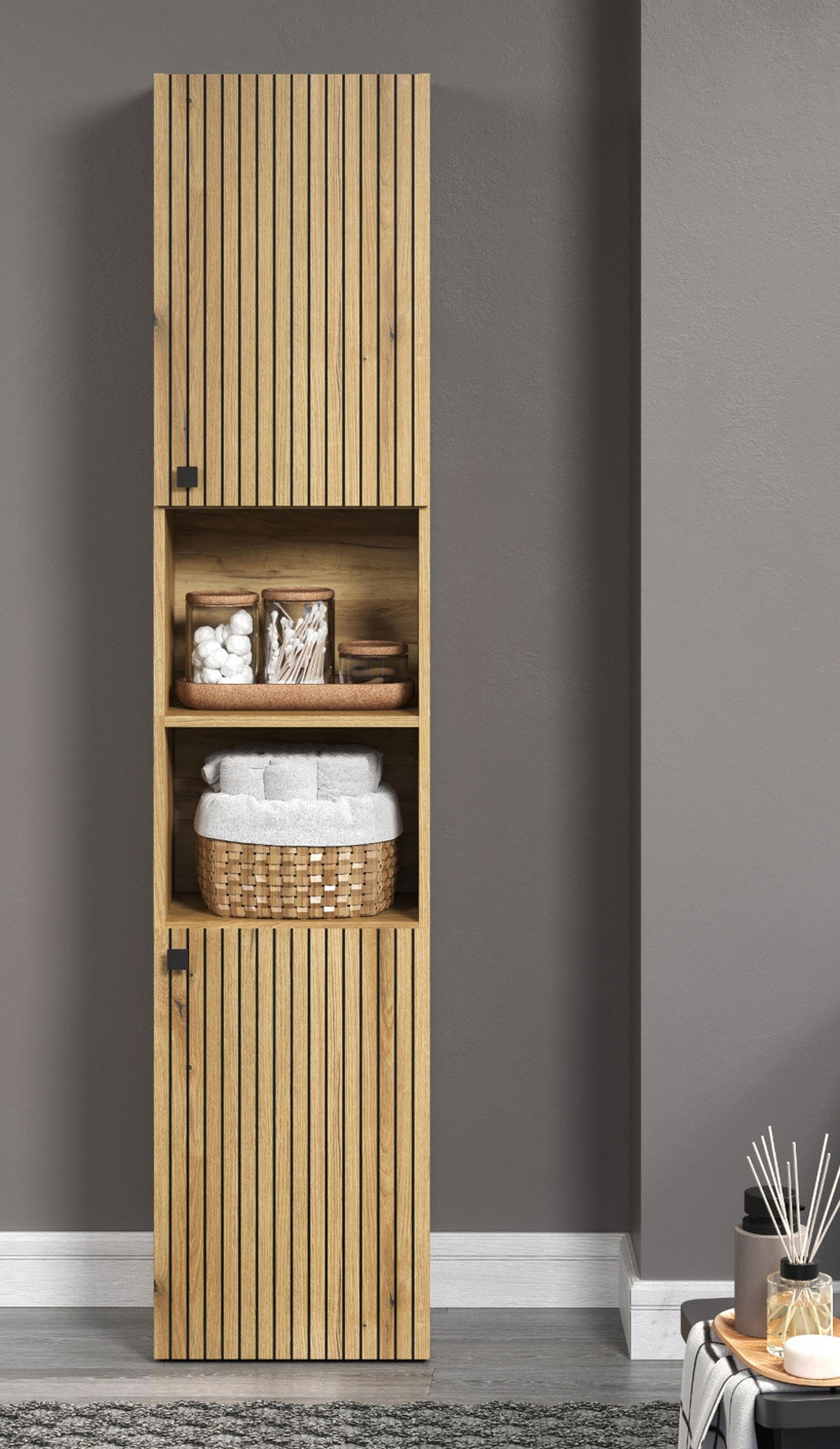 HOCHSCHRANK Evoke Eiche 40 x 186 cm, Badschrank mit 6 Fächern - Eichefarben/Schwarz, Holzwerkstoff/Kunststoff (40/186/3cm) - Top.Furn