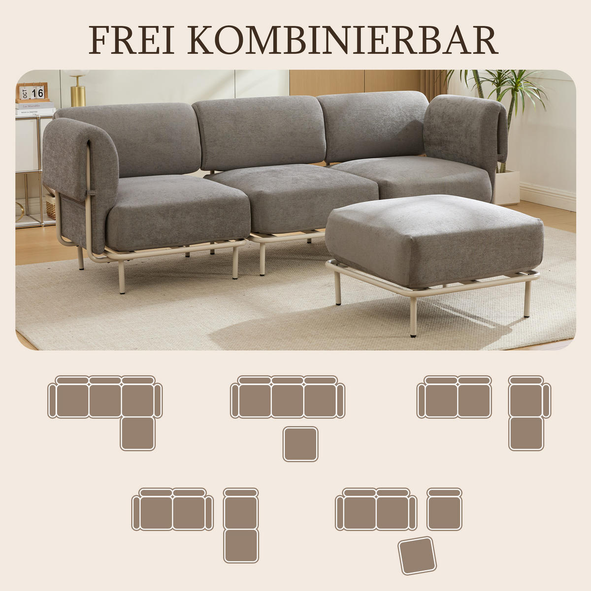 ECKSOFA 251/155/78 cm Grau Chenille mit 1 Fußhocker - Grau, Textil (155/251cm) - Oxeza