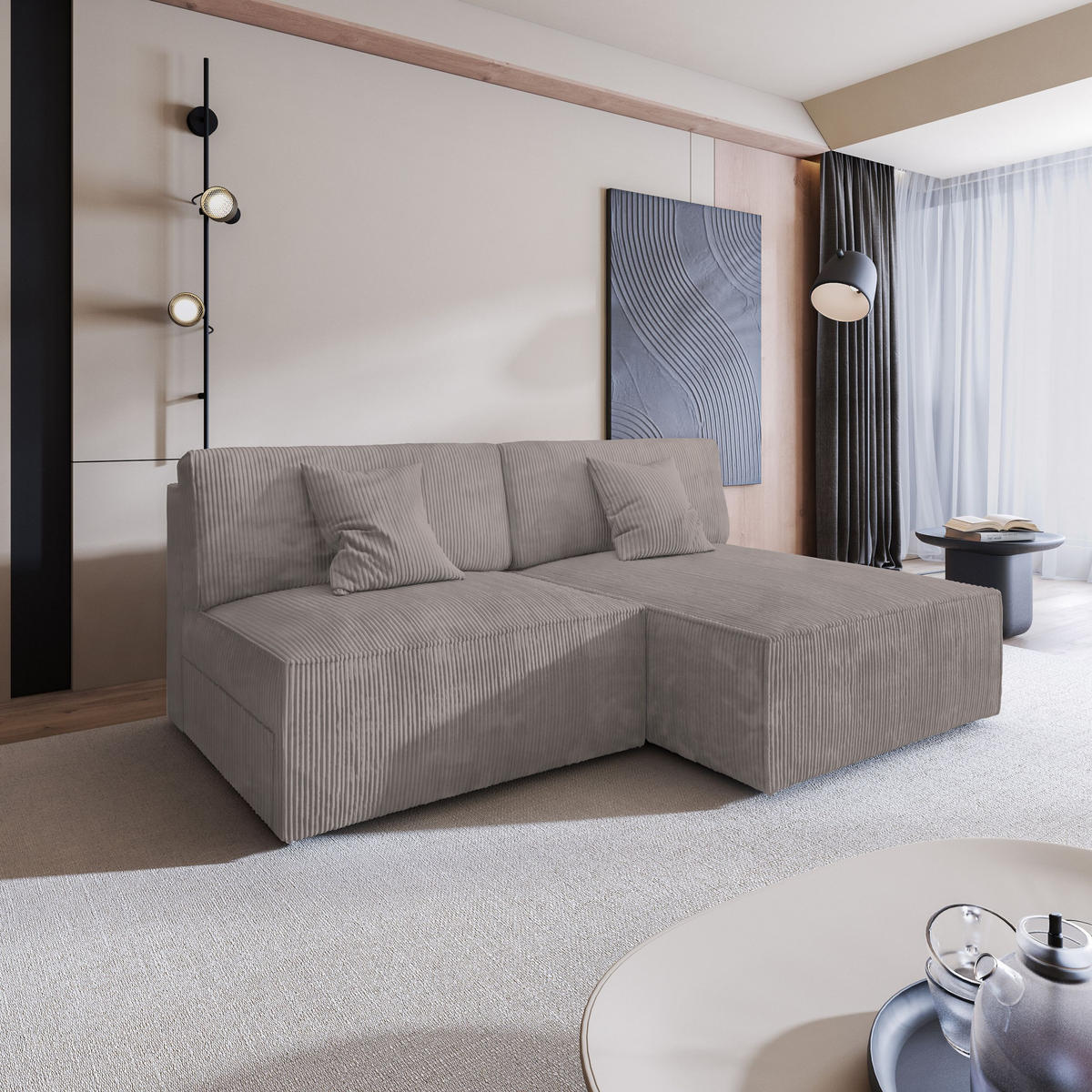 ECKSOFA FIORO P Beige Kordstoff mit Schlaffunktion - Beige, Holz (204/148cm) - MASSENO