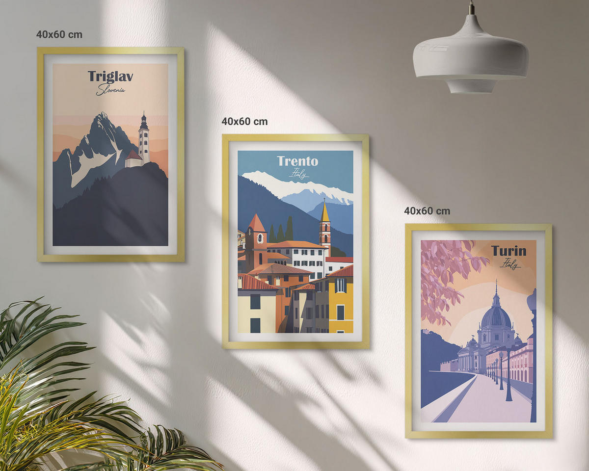 BILDER SET 3er Set - 40x60 cm Goldrahmen - Retro-Illustrationen zur Bergarchitektur - Goldfarben, Kunststoff (40/60cm) - TULUP