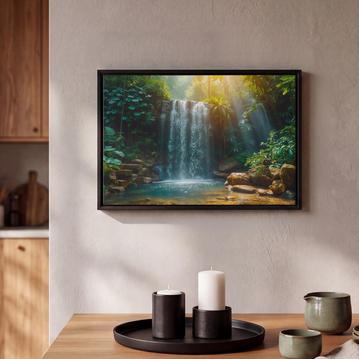 LEINWAND Bilder mit Rahmen - Wasserfall - Dschungel - Sonne - Grün - Natur - 30x20 - Grün, Textil (30/20cm) - MuchoWow